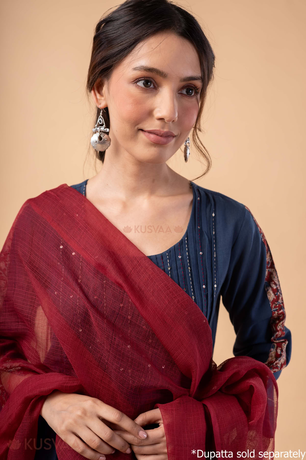 Image for Kusvaa Wkr343 Kalyani Handloom Cotton Solid Blue Kurta Dupatta Featured