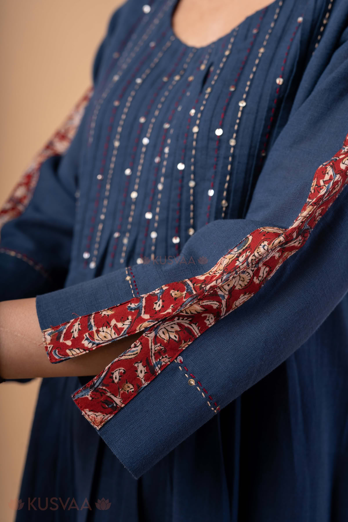 Image for Kusvaa Wkr343 Kalyani Handloom Cotton Solid Blue Kurta Sleeves