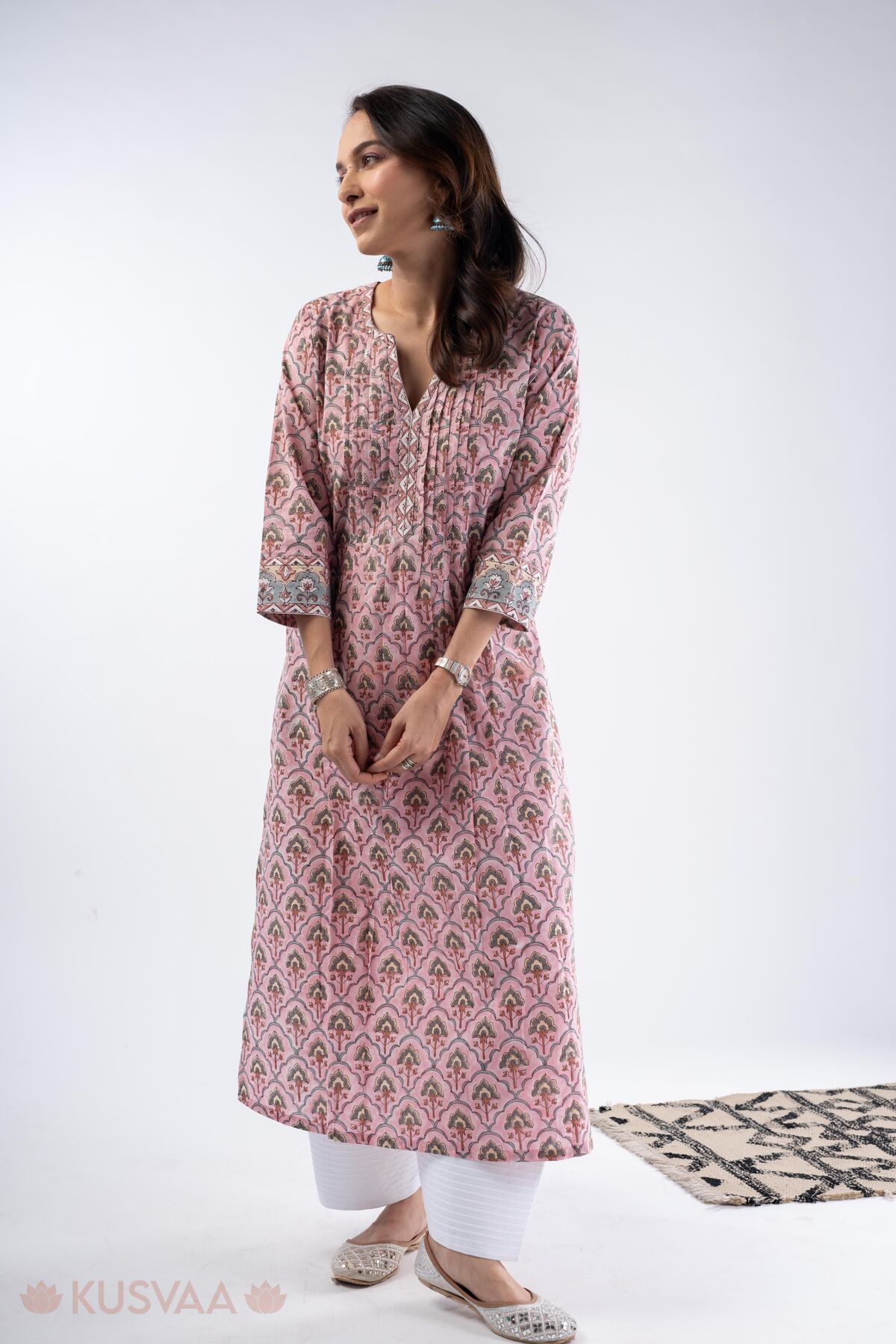 Image for Kusvaa Wkr347 Aadhya Handblock Cotton Pink Kurta Front