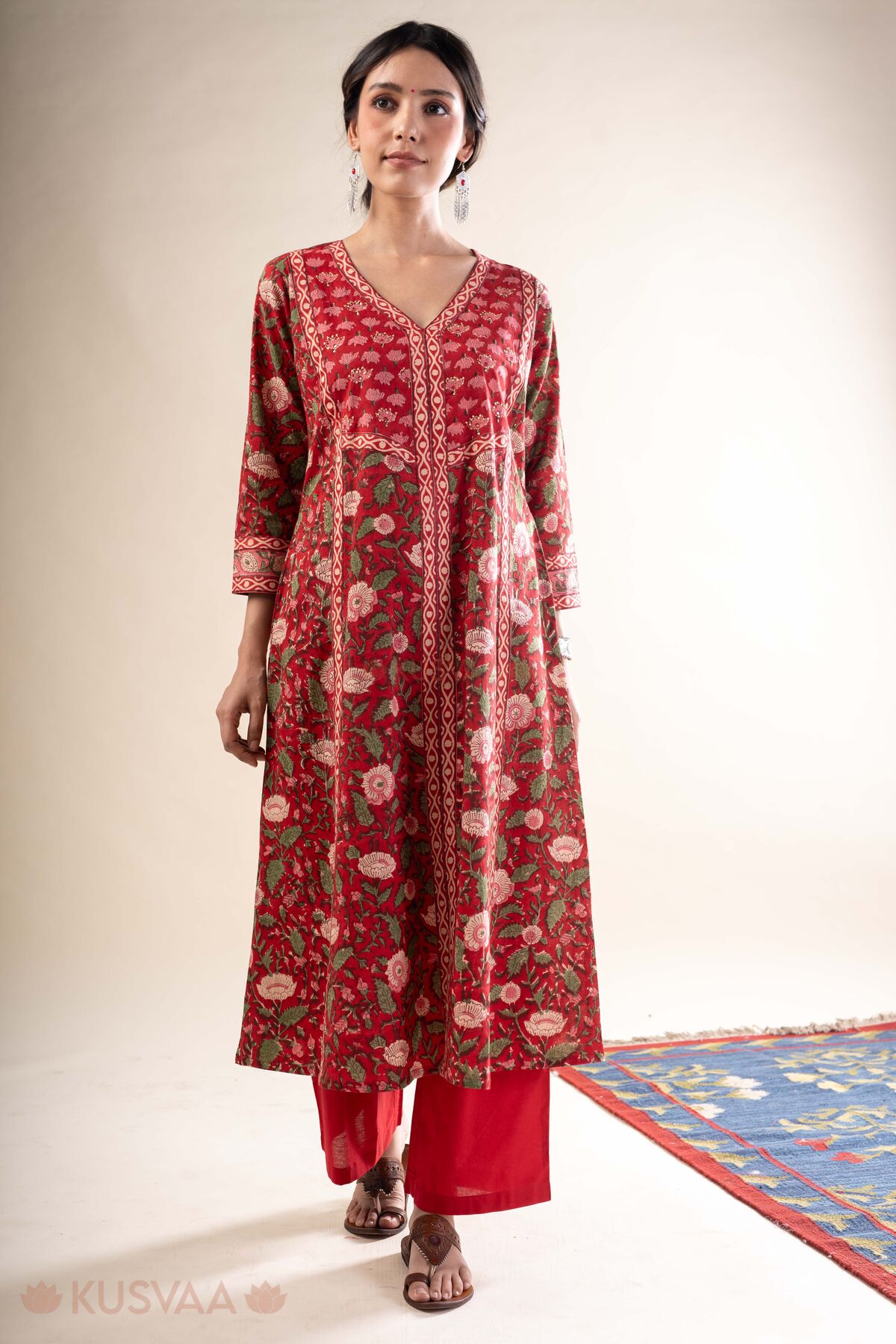 Image for Kusvaa Wkr352 Nitya Handloom Cotton Red A Line Kurta Front