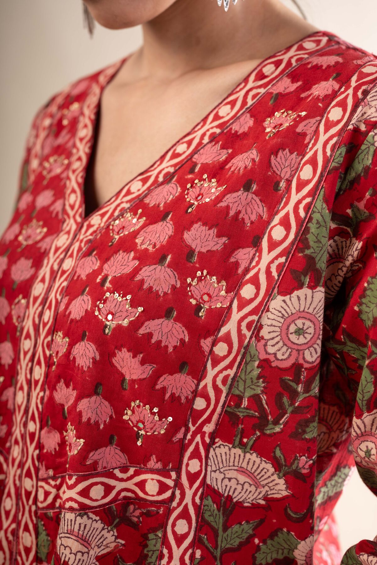 Image for Kusvaa Wkr352 Nitya Handloom Cotton Red A Line Kurta Nack