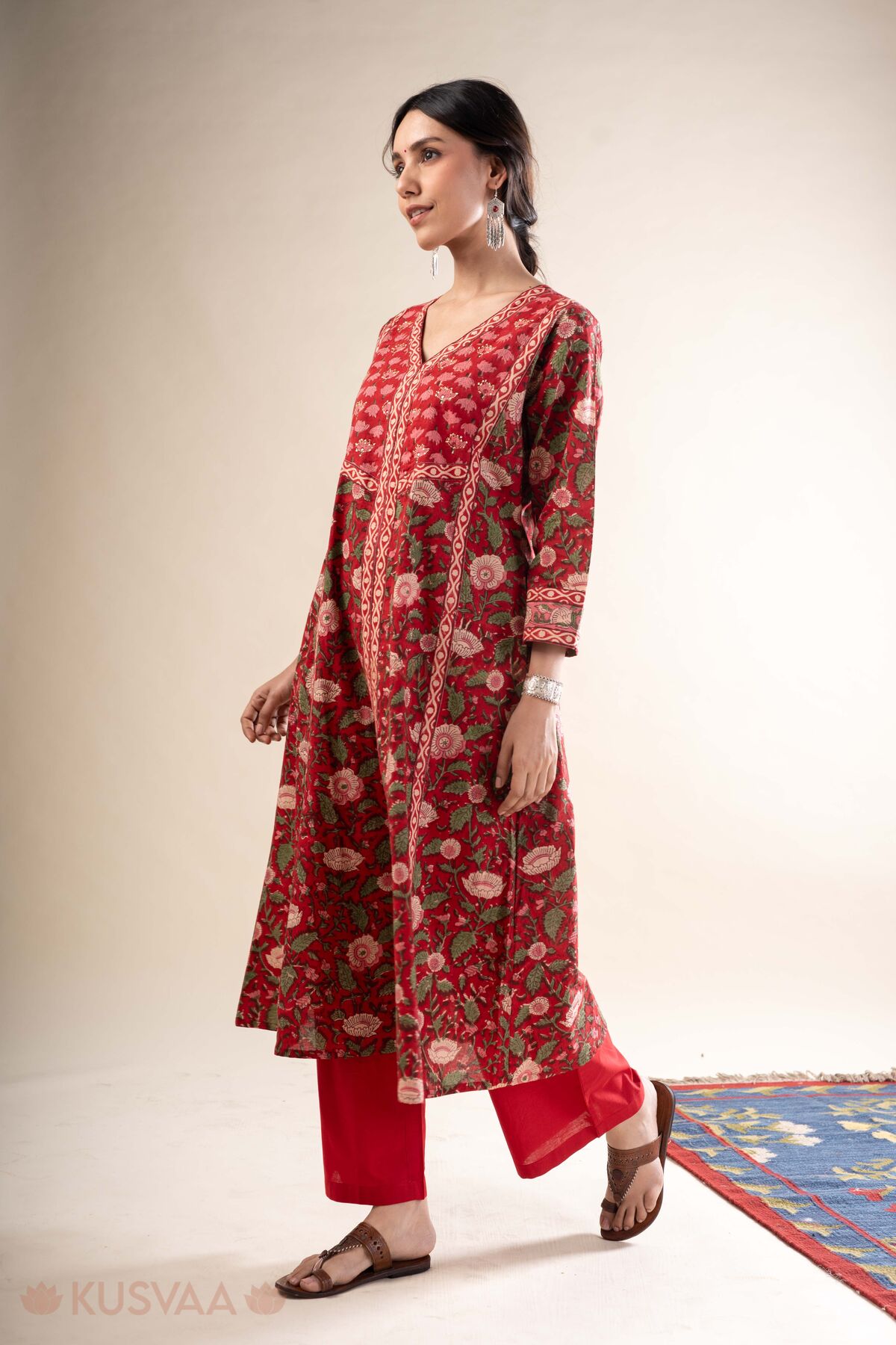 Image for Kusvaa Wkr352 Nitya Handloom Cotton Red A Line Kurta Walking