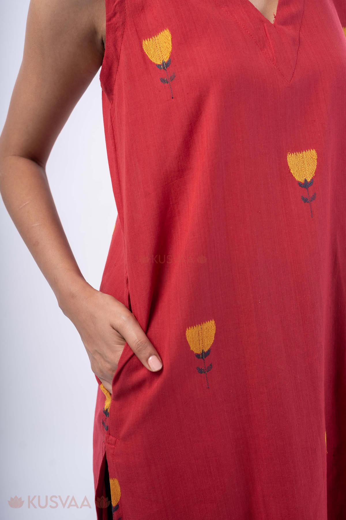 Image for Kusvaa Wkr363 Anvi Cotton Red A Line Kurta Pocket