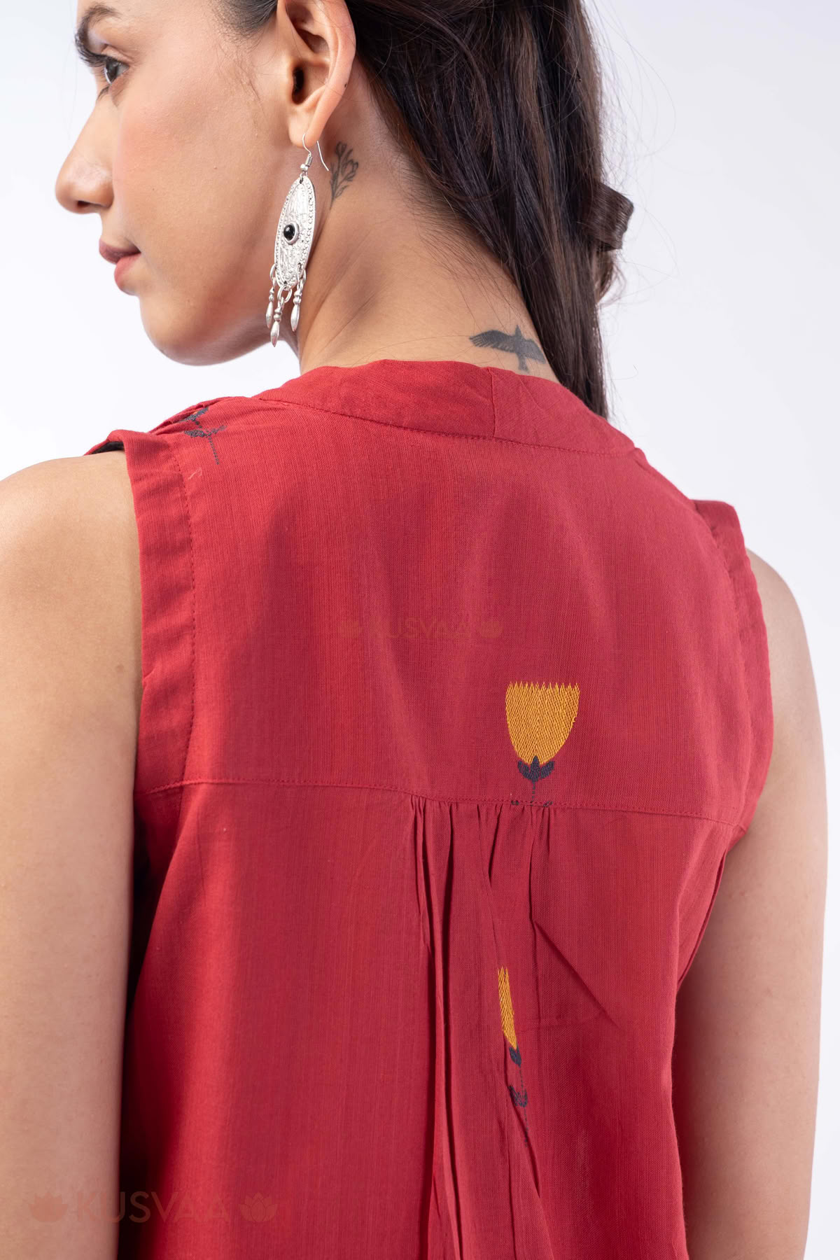 Image for Kusvaa Wkr363 Anvi Cotton Red A Line Kurta Shoulder