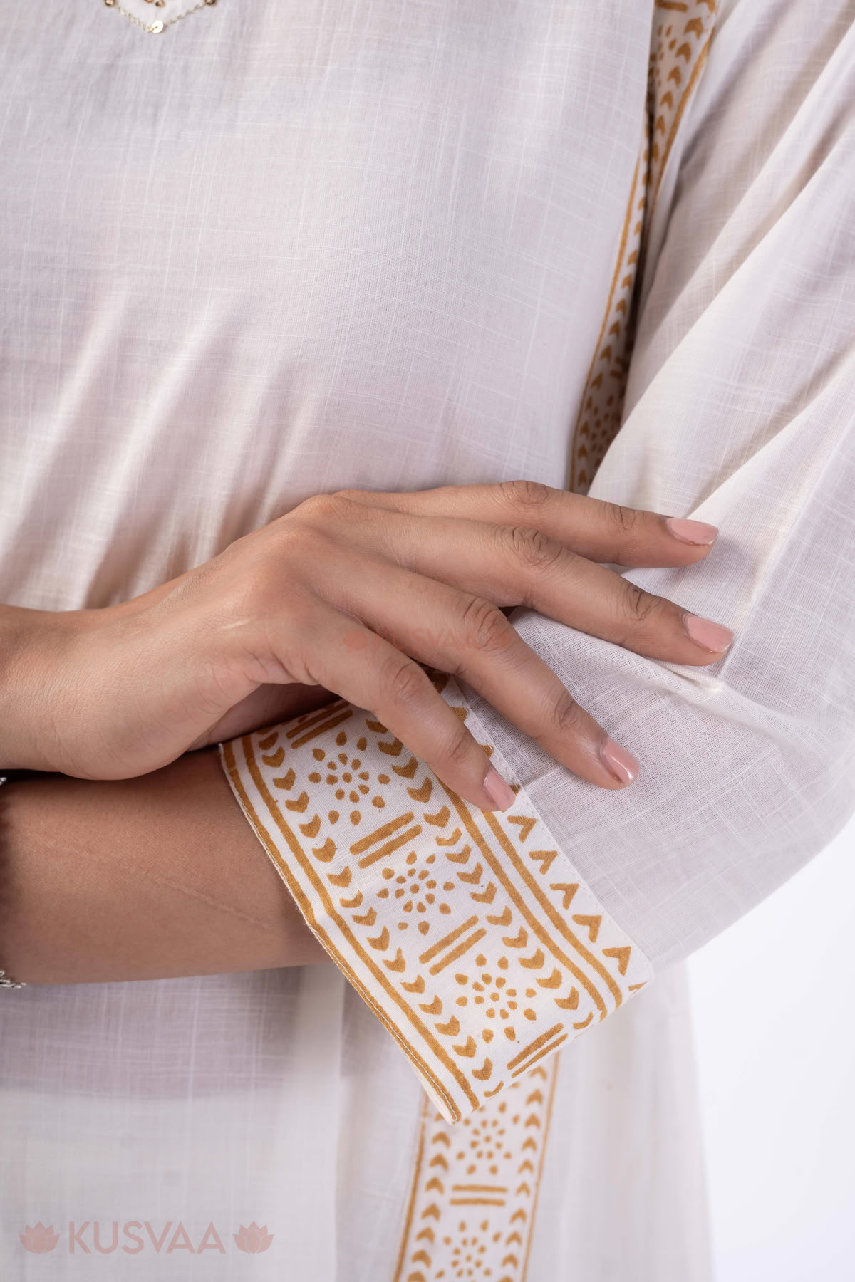 Image for Kusvaa Wkr364 Ela Cotton White Kurta Sleeves