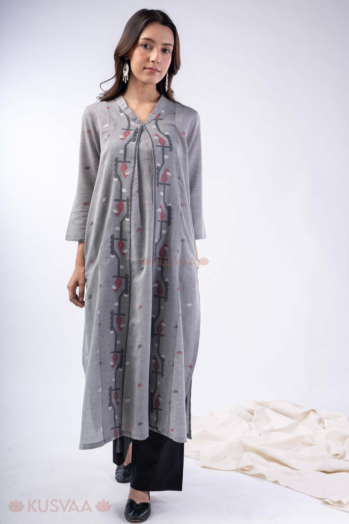 Image for Kusvaa Wkr366 Anjali Jamdani Cotton Grey Kurta Front