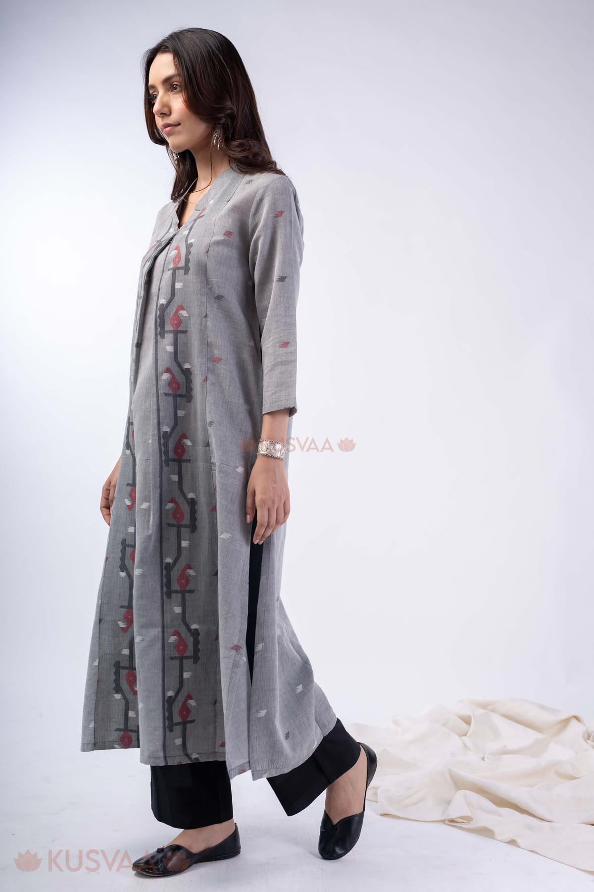 Image for Kusvaa Wkr366 Anjali Jamdani Cotton Grey Kurta Walk