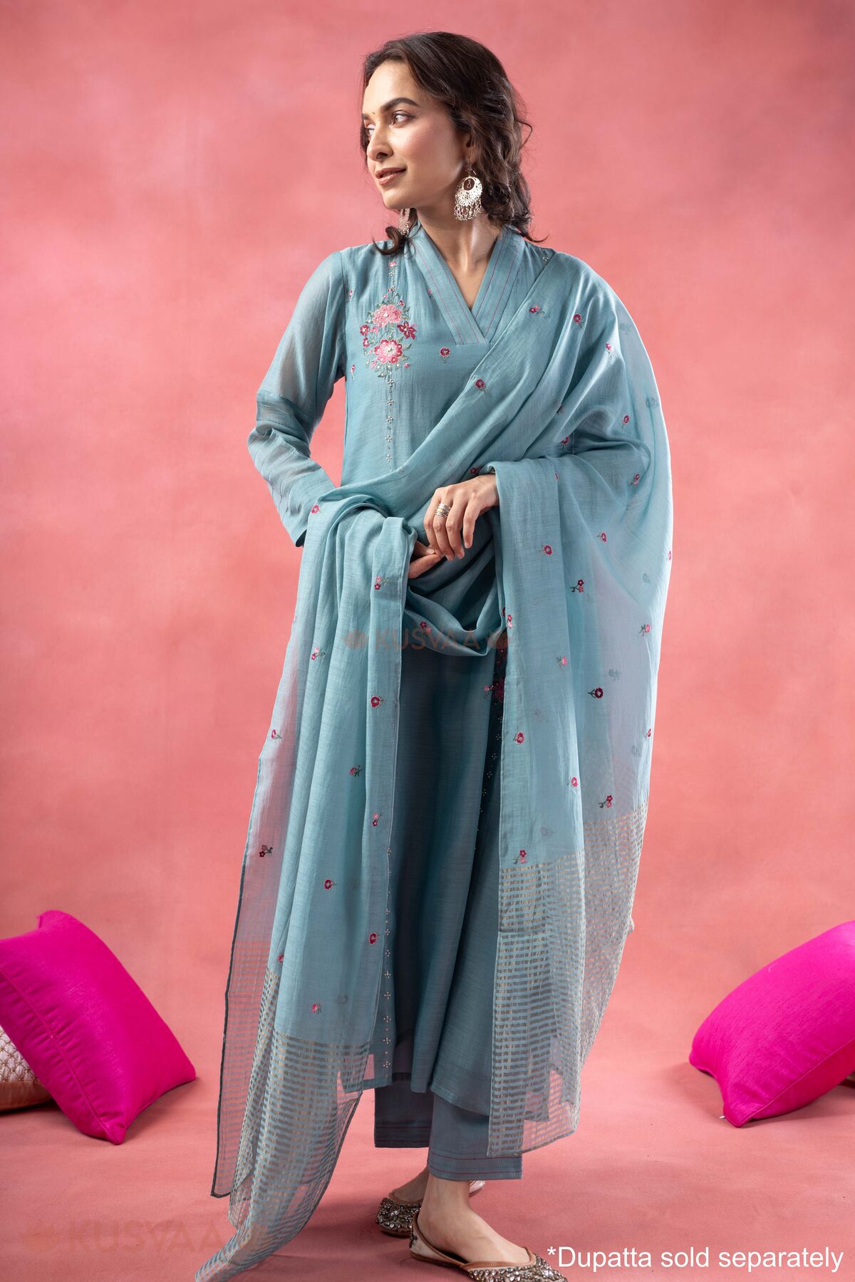Image for Kusvaa Cood158 Mandira Chanderi Blue Co Ord Set Front