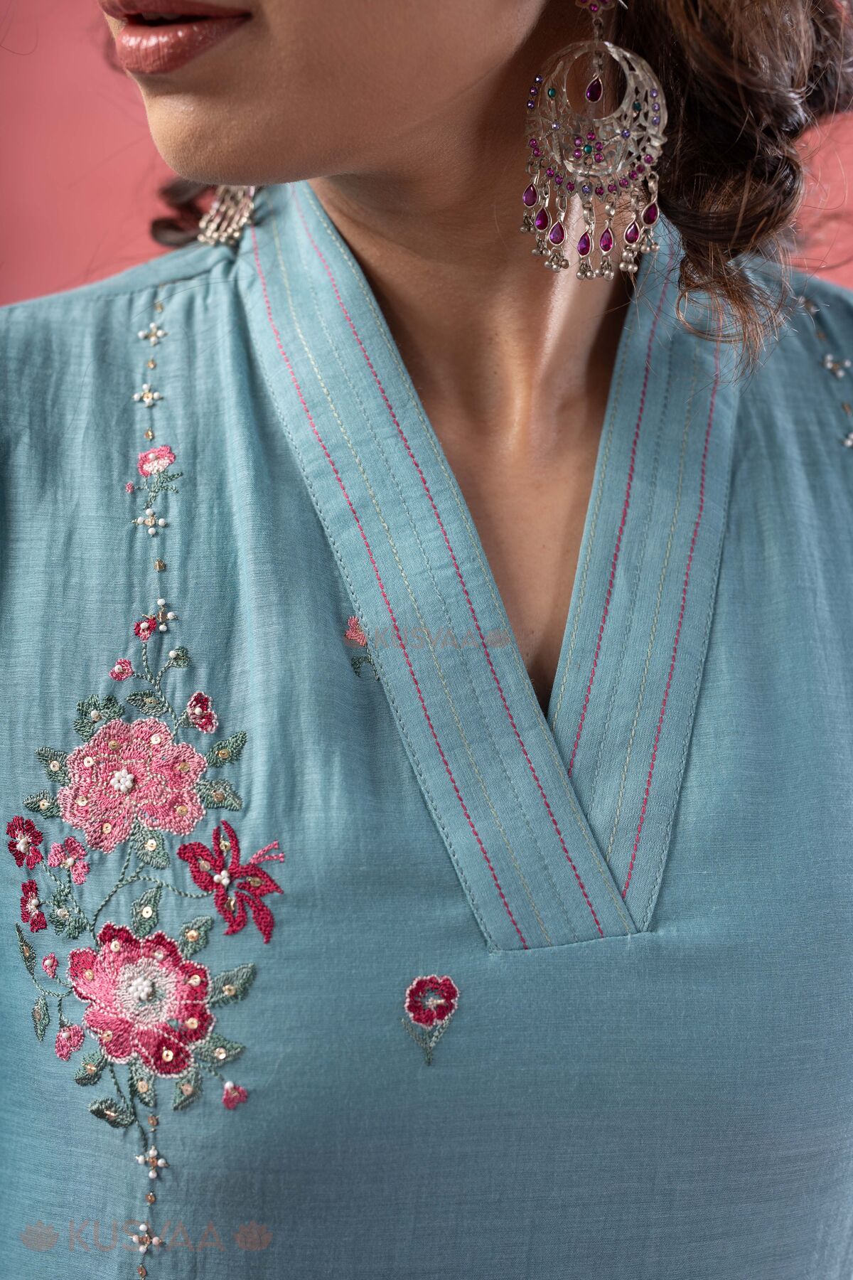 Image for Kusvaa Cood158 Mandira Chanderi Blue Co Ord Set Nack