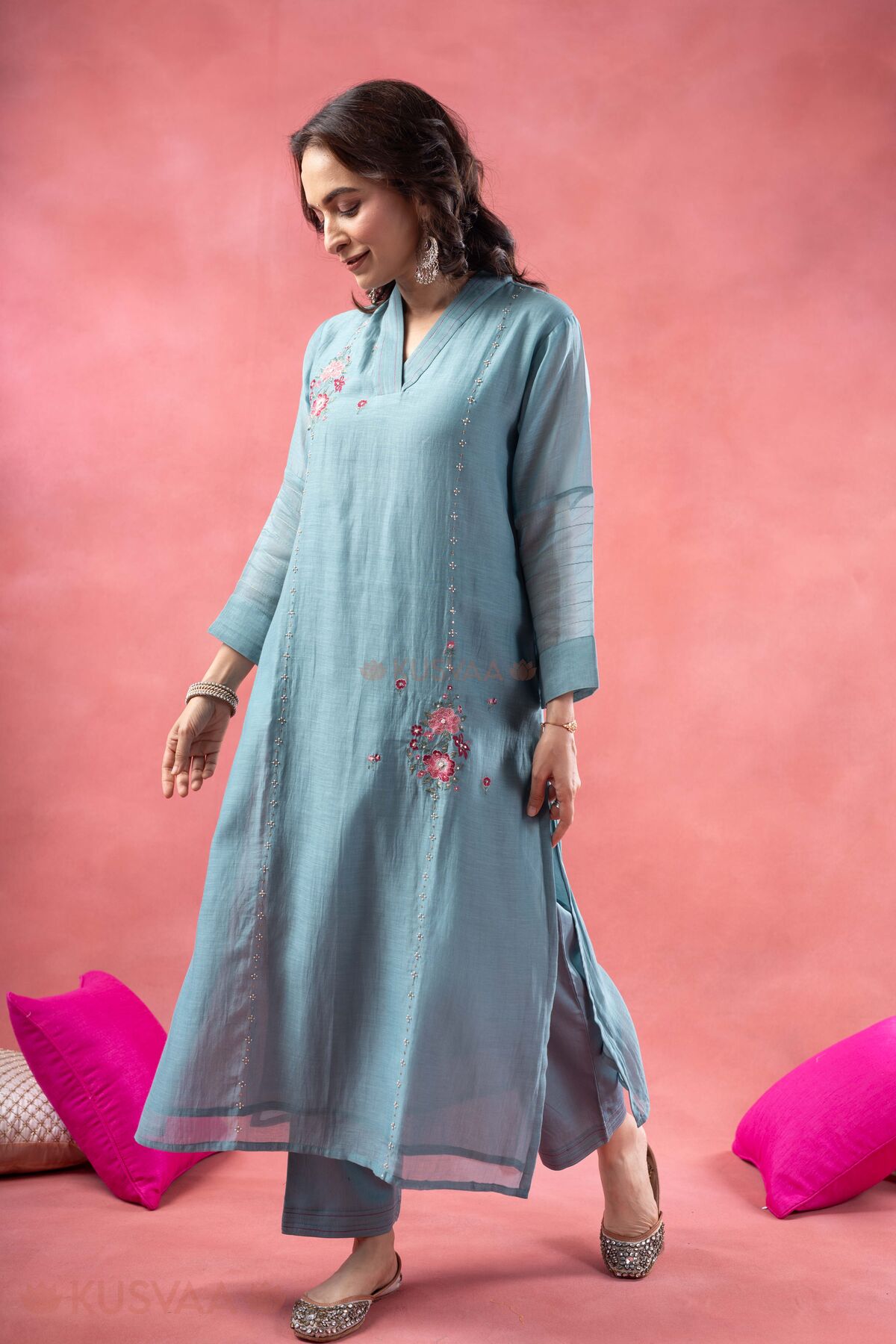 Image for Kusvaa Cood158 Mandira Chanderi Blue Co Ord Set Walking