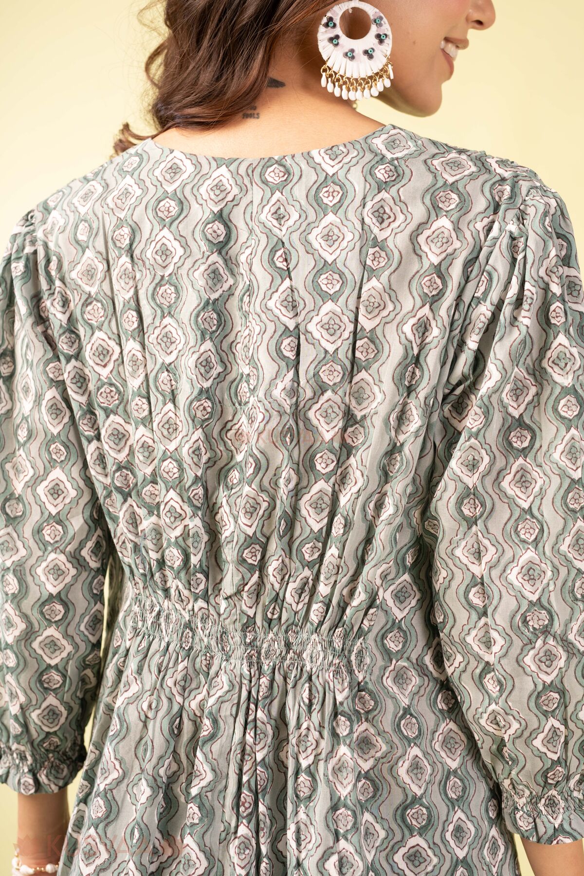 Image for Kusvaa Dr115 Omisha Handblock Green Cotton Dress Back