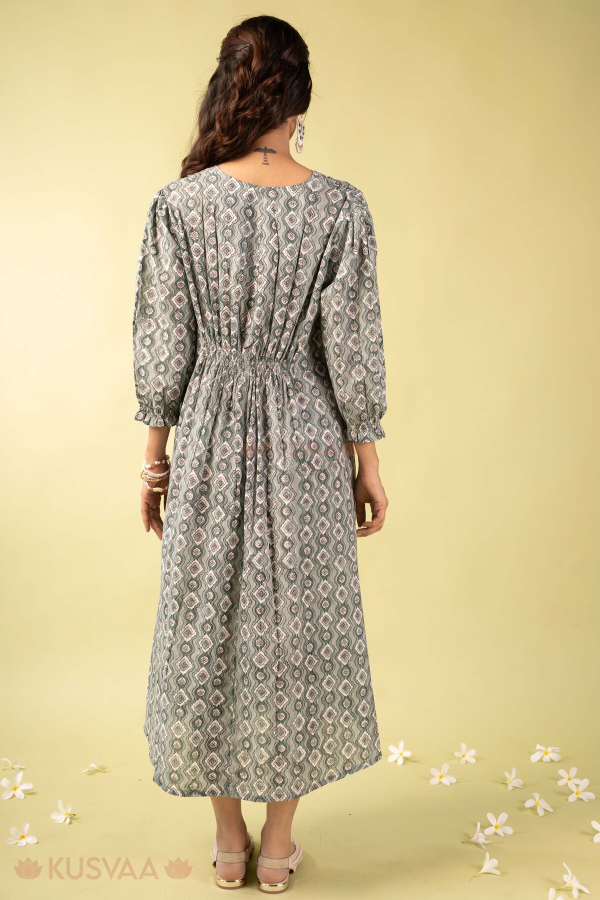 Image for Kusvaa Dr115 Omisha Handblock Green Cotton Dress Back1