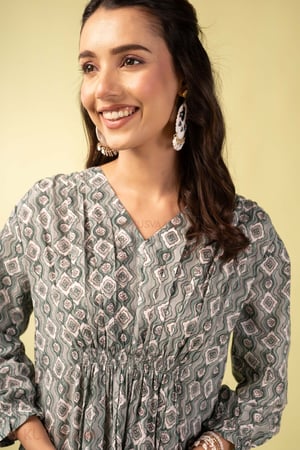 Image for Kusvaa Dr115 Omisha Handblock Green Cotton Dress Featured