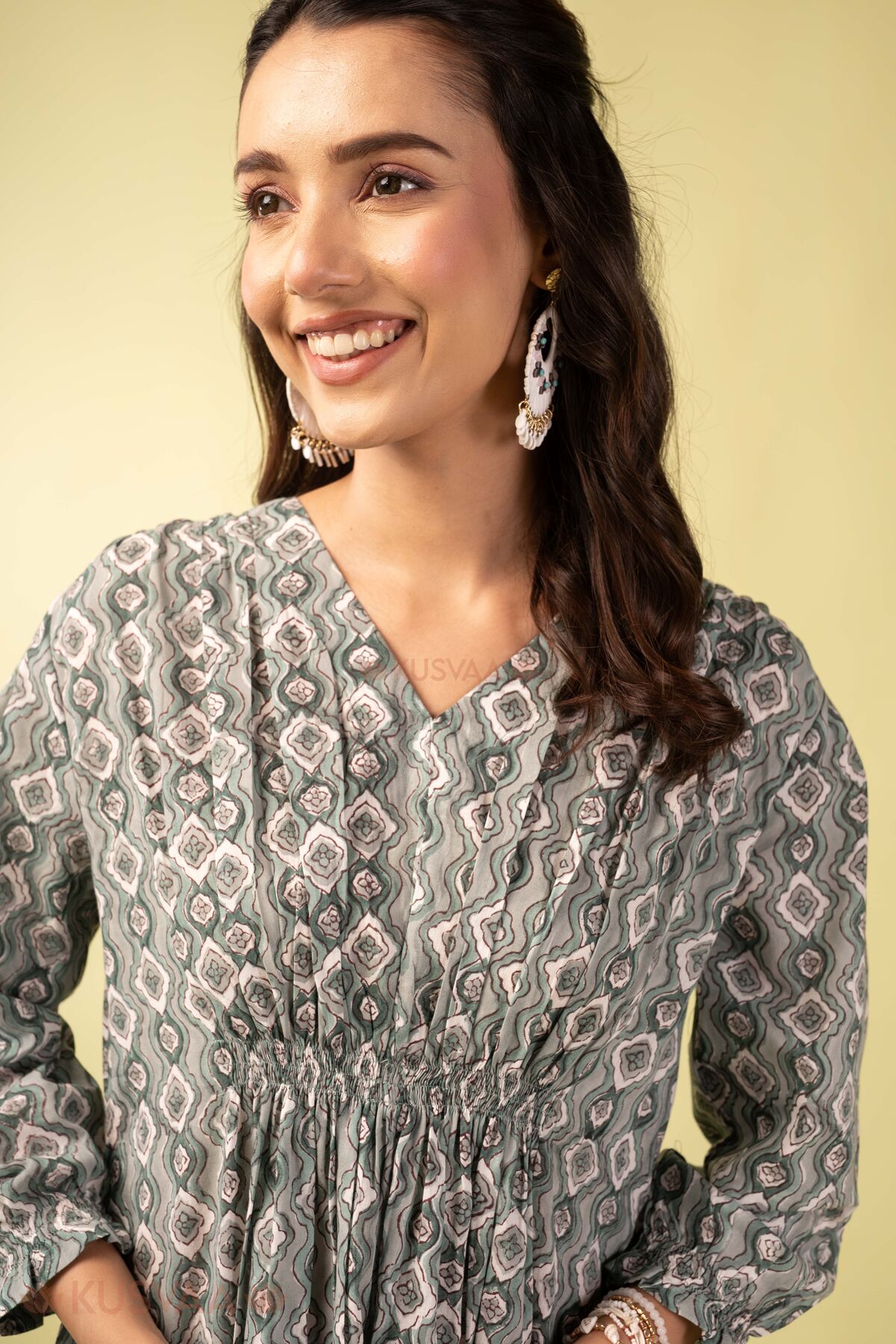 Image for Kusvaa Dr115 Omisha Handblock Green Cotton Dress Featured