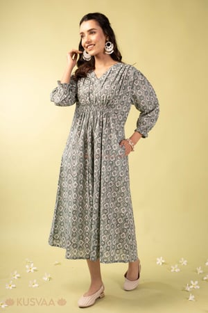 Image for Kusvaa Dr115 Omisha Handblock Green Cotton Dress Walking