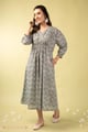 Image for Kusvaa Dr115 Omisha Handblock Green Cotton Dress Walking
