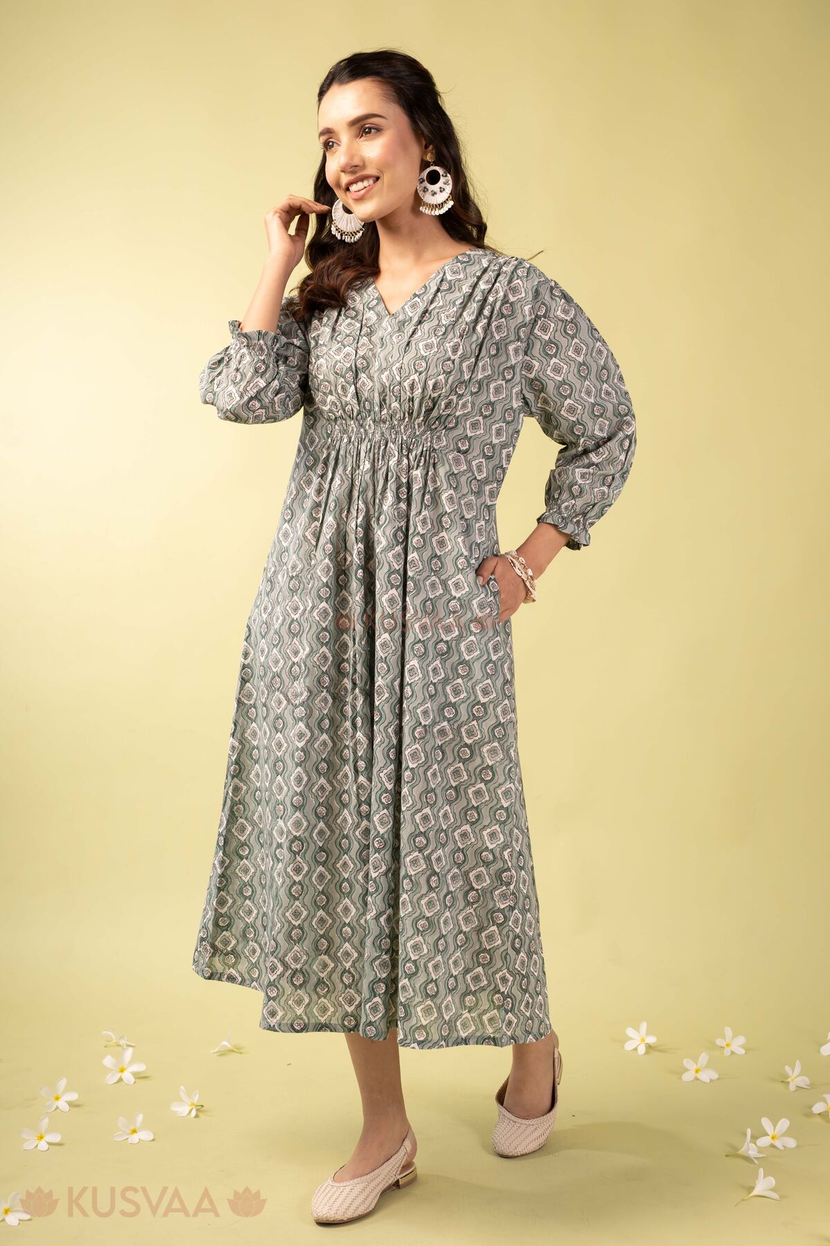 Image for Kusvaa Dr115 Omisha Handblock Green Cotton Dress Walking