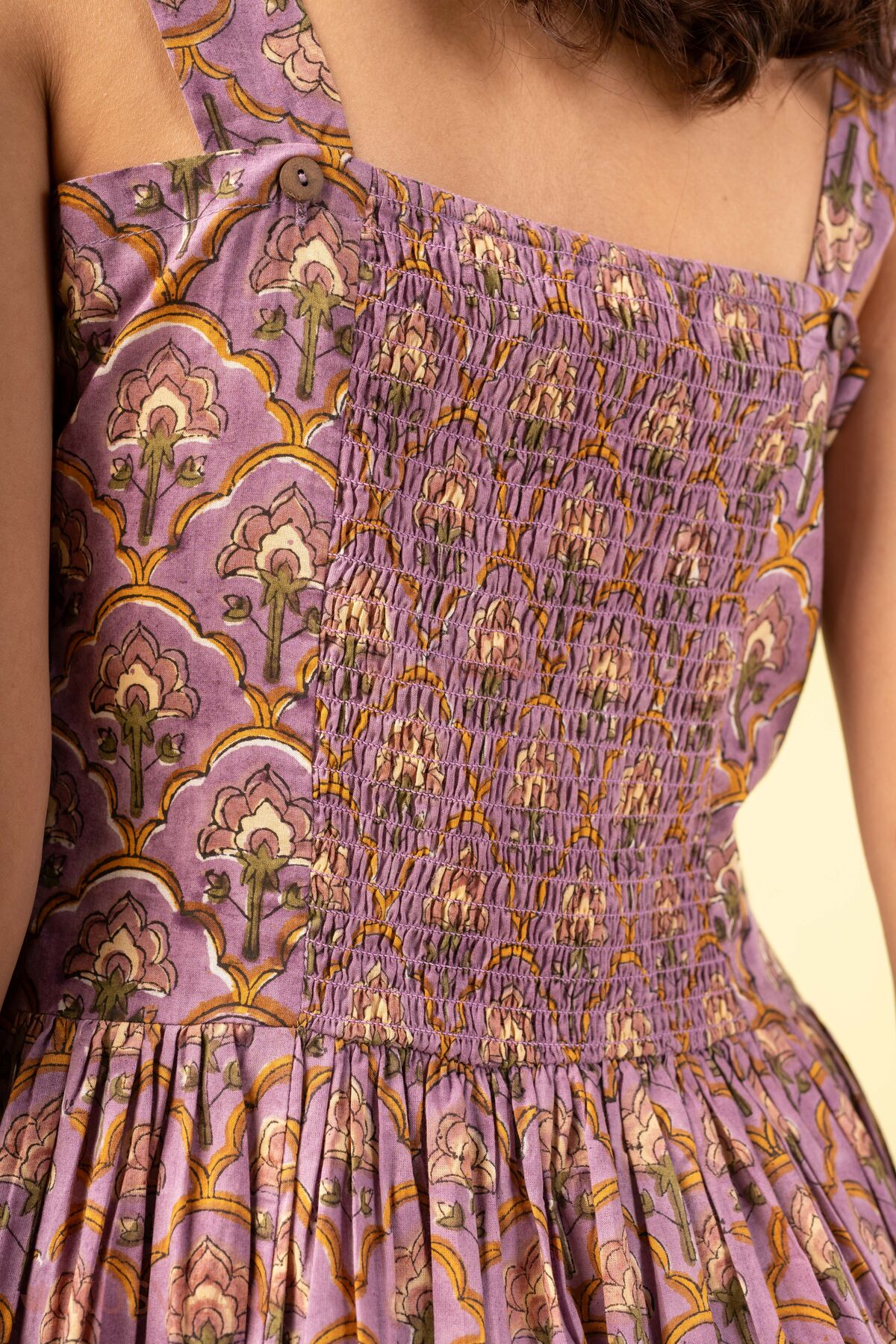 Image for Kusvaa Dr116 Pavithra Handblock Purple Cotton Dress Detailing