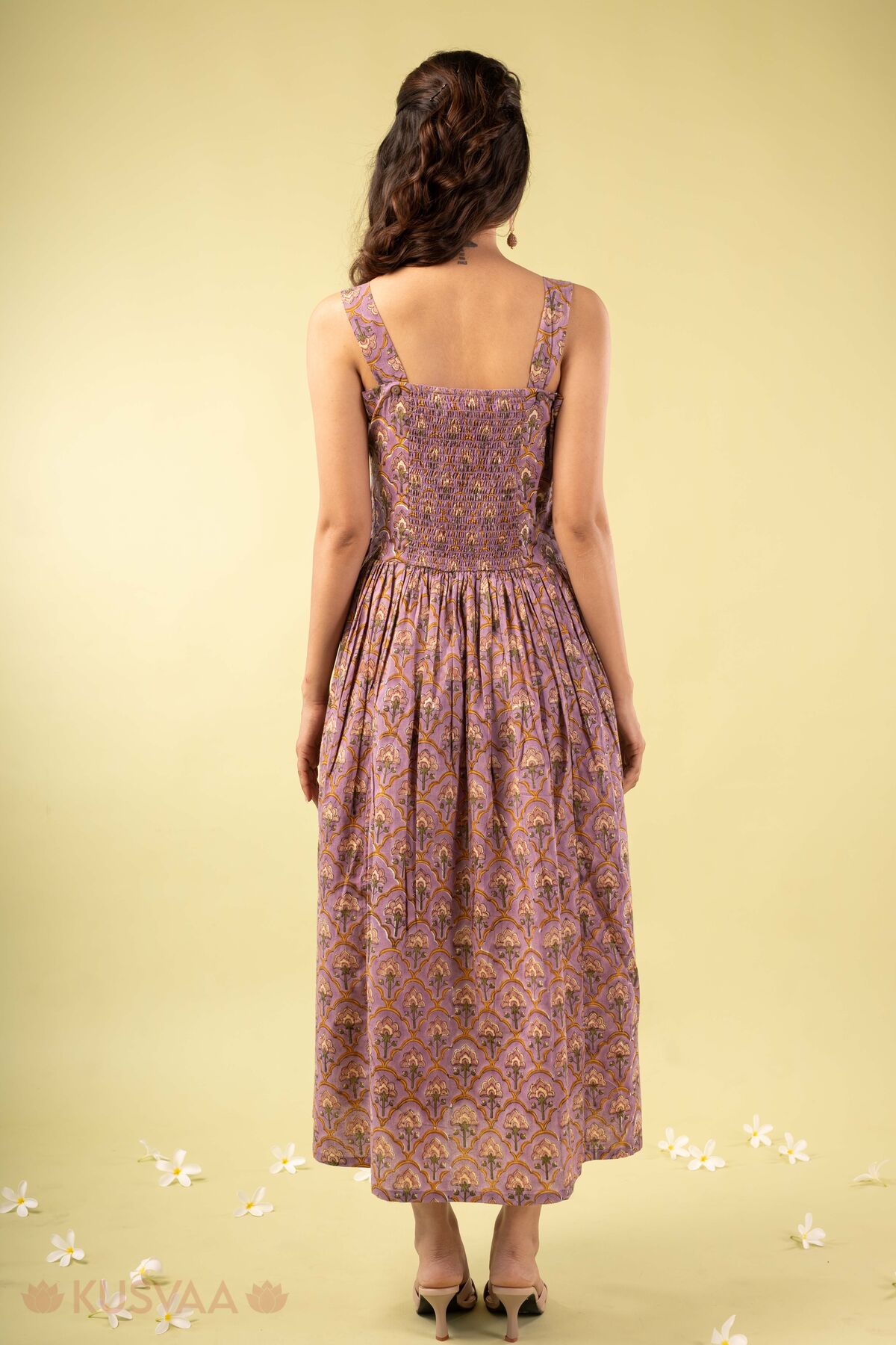 Image for Kusvaa Dr116 Pavithra Handblock Purple Cotton Dress Back