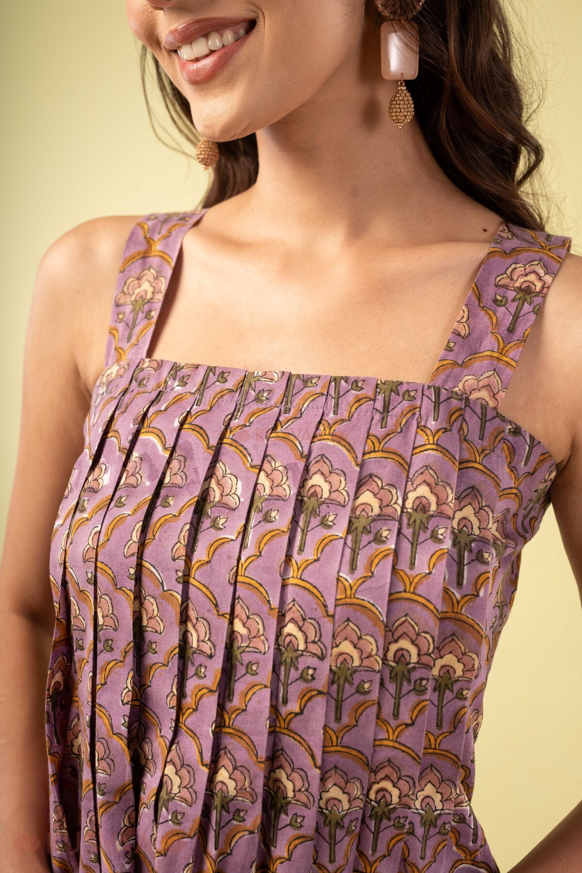 Image for Kusvaa Dr116 Pavithra Handblock Purple Cotton Dress Detailing1
