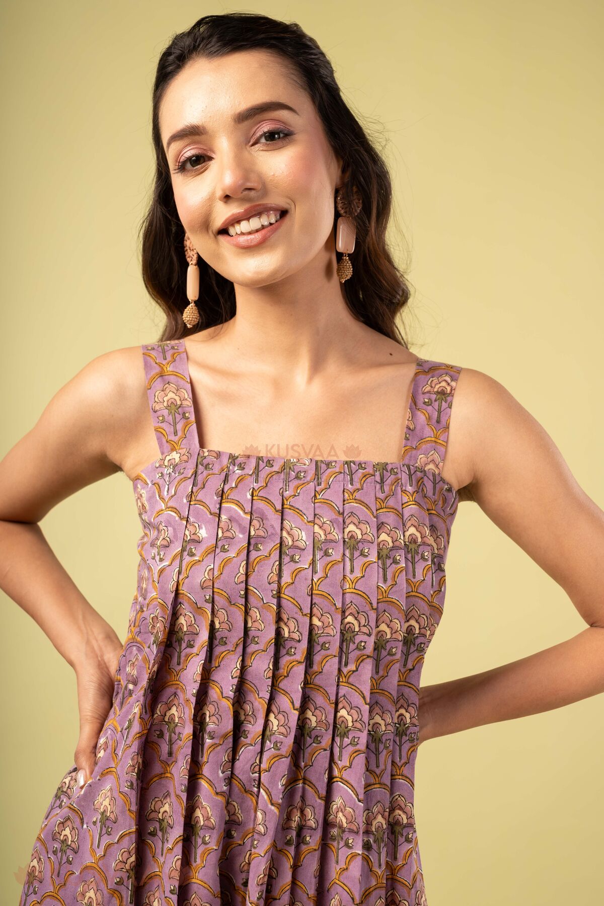 Image for Kusvaa Dr116 Pavithra Handblock Purple Cotton Dress Featured