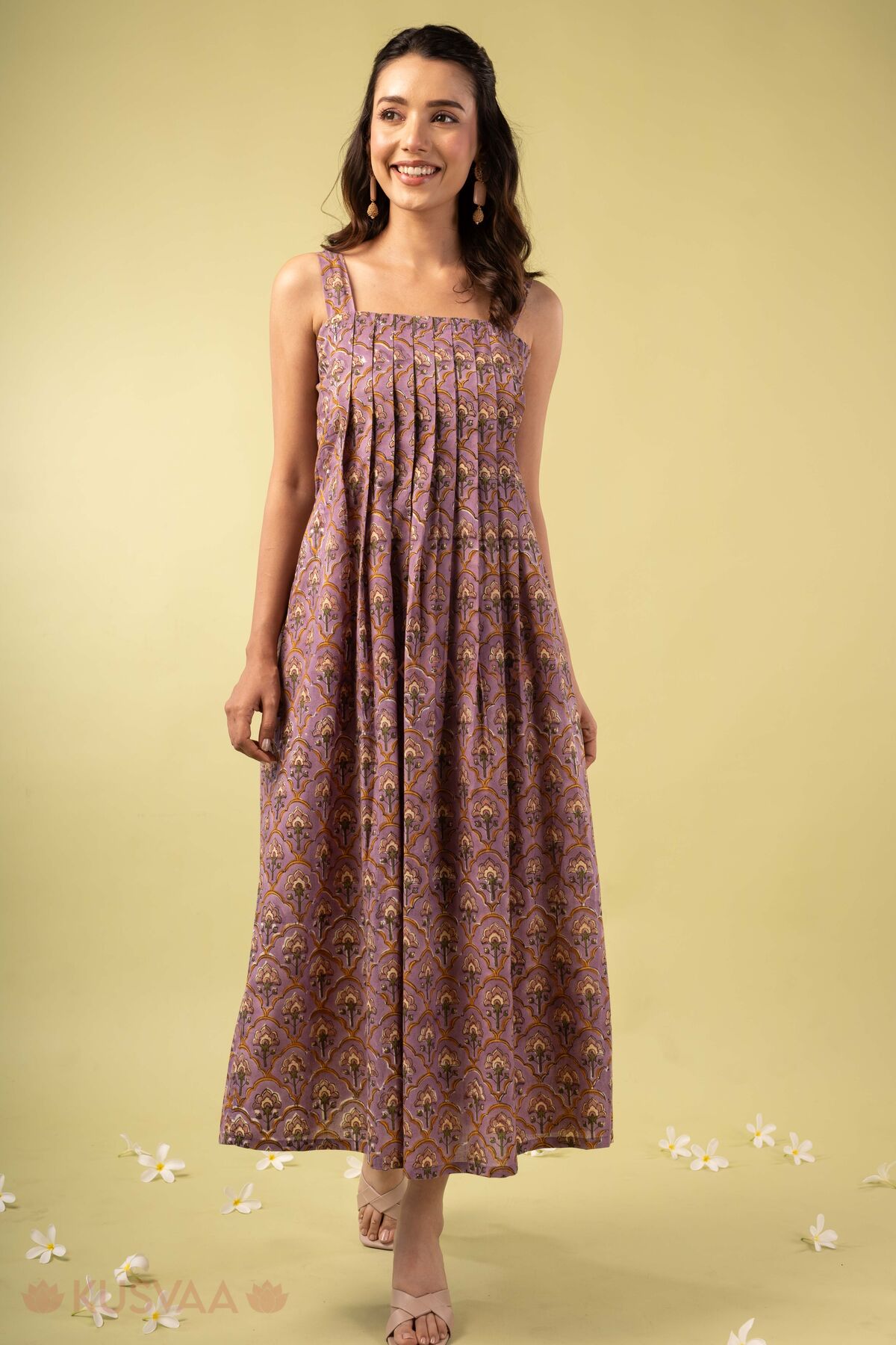 Image for Kusvaa Dr116 Pavithra Handblock Purple Cotton Dress Front