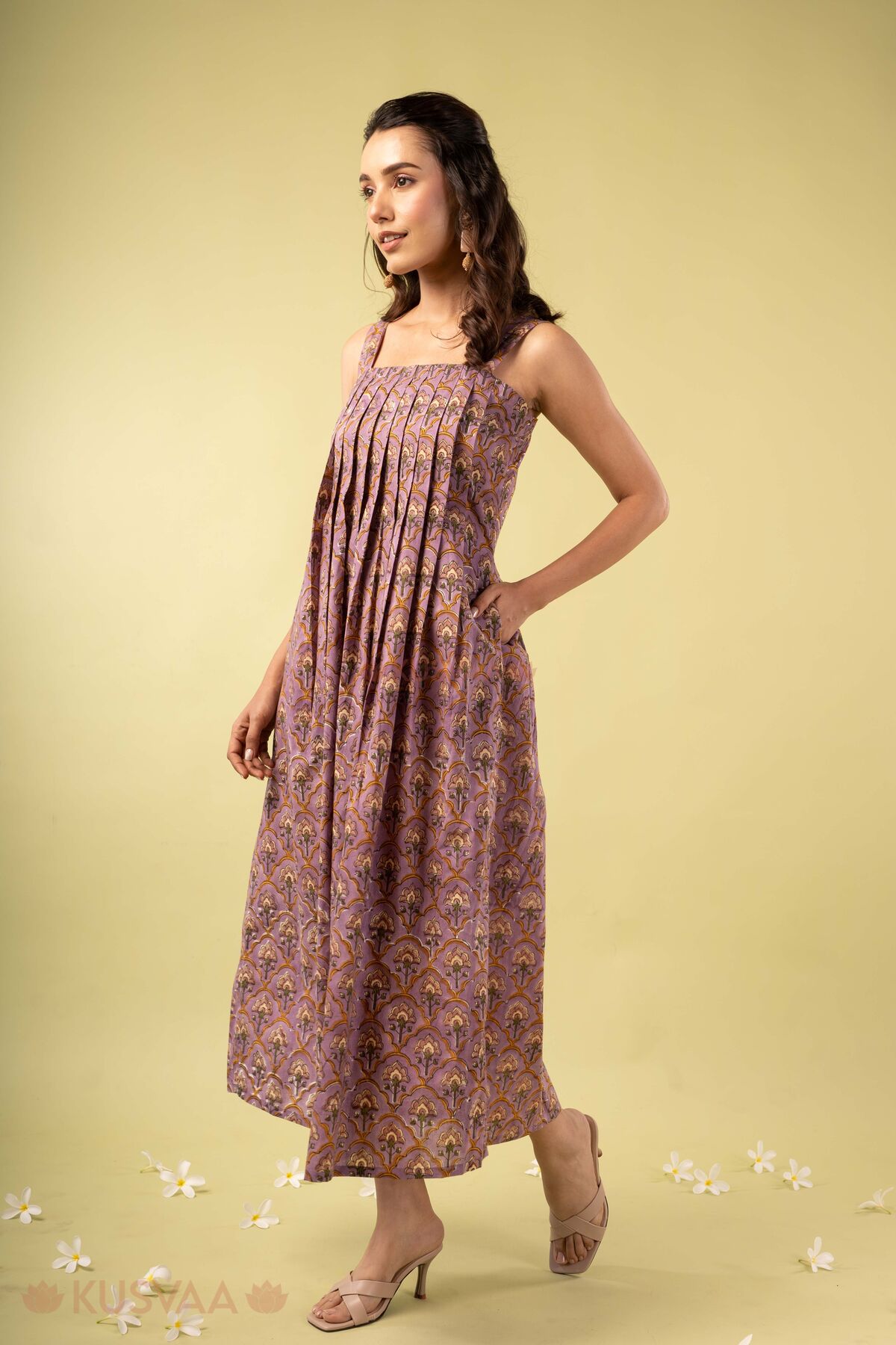 Image for Kusvaa Dr116 Pavithra Handblock Purple Cotton Dress Side