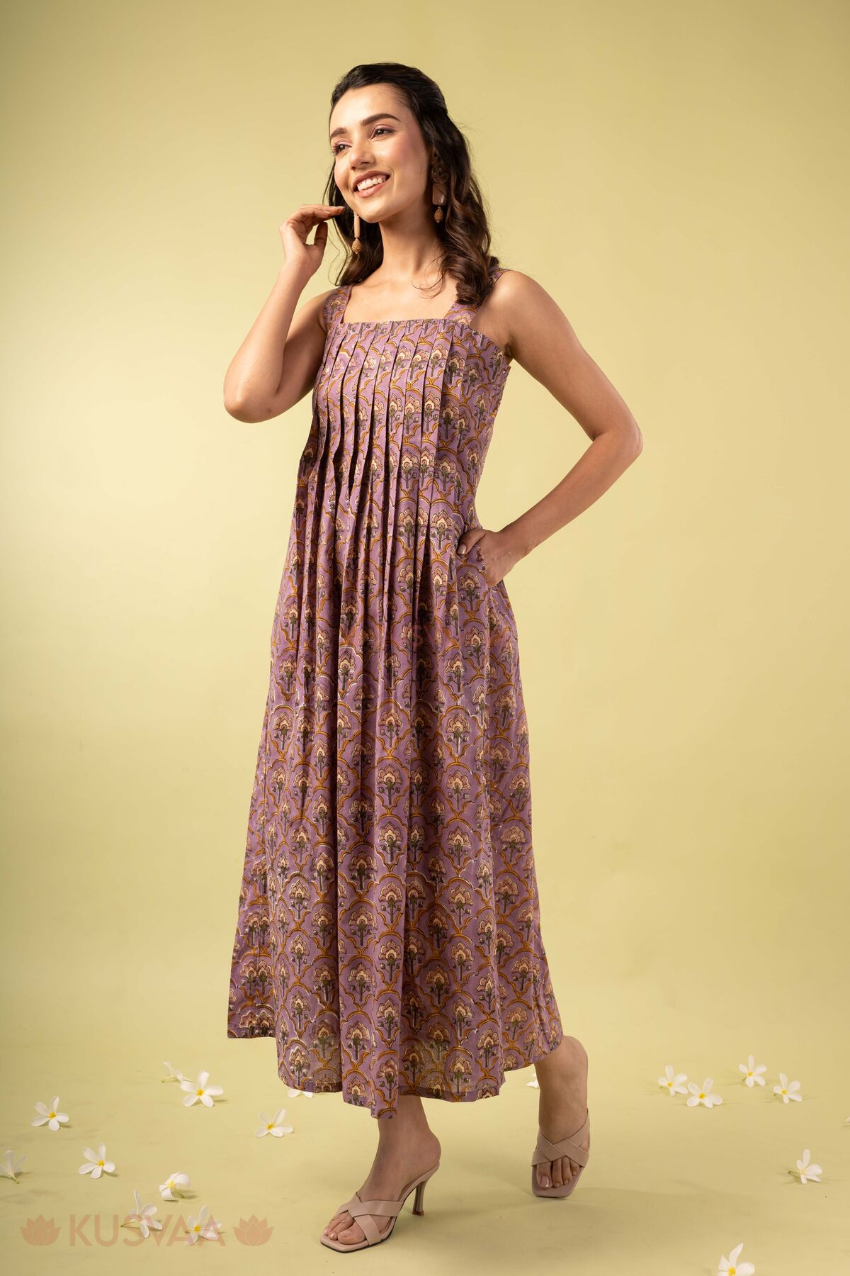 Image for Kusvaa Dr116 Pavithra Handblock Purple Cotton Dress Walking