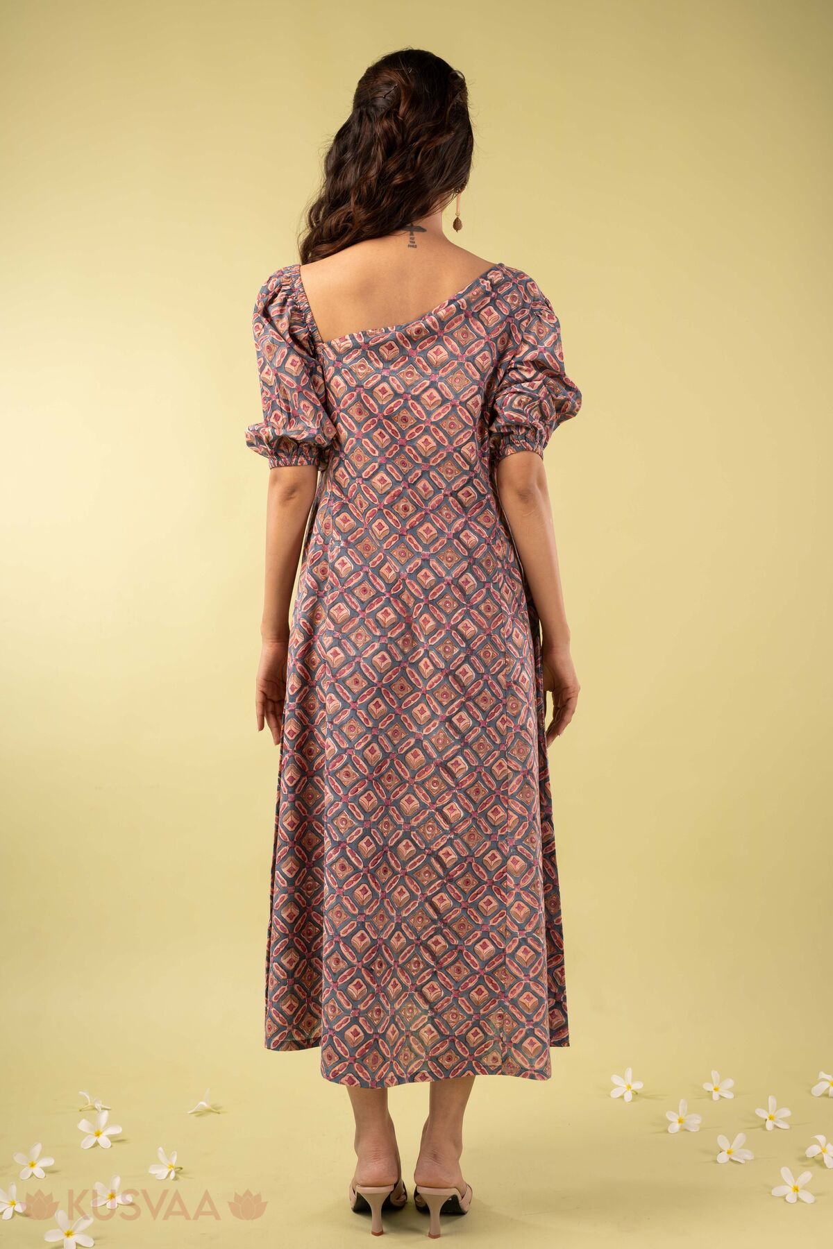 Image for Kusvaa Dr117 Hitakshi Handblock Blue Dress Back
