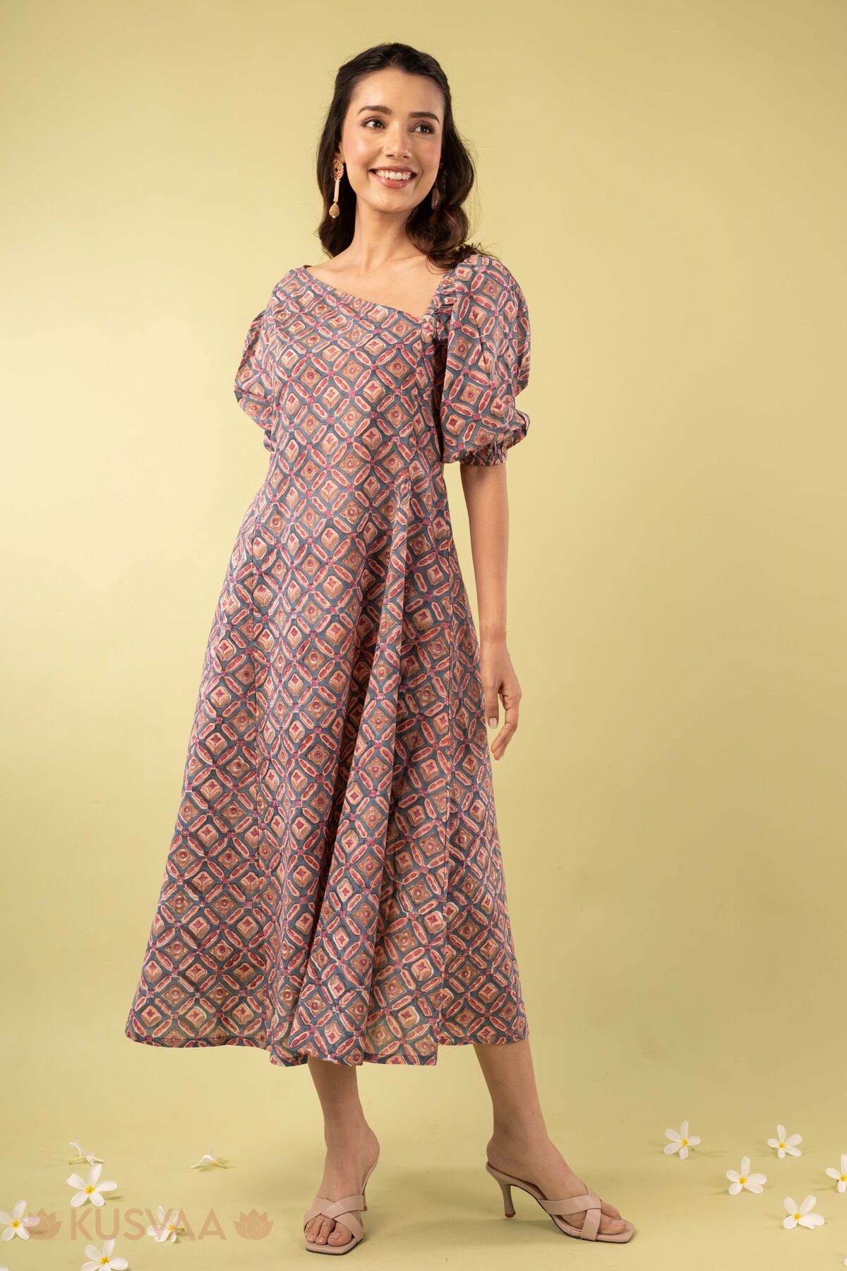 Image for Kusvaa Dr117 Hitakshi Handblock Blue Dress Front