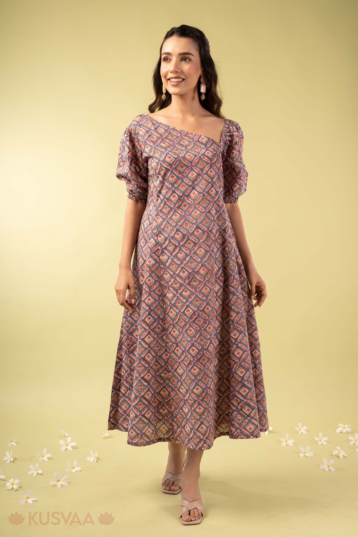 Image for Kusvaa Dr117 Hitakshi Handblock Blue Dress Walking