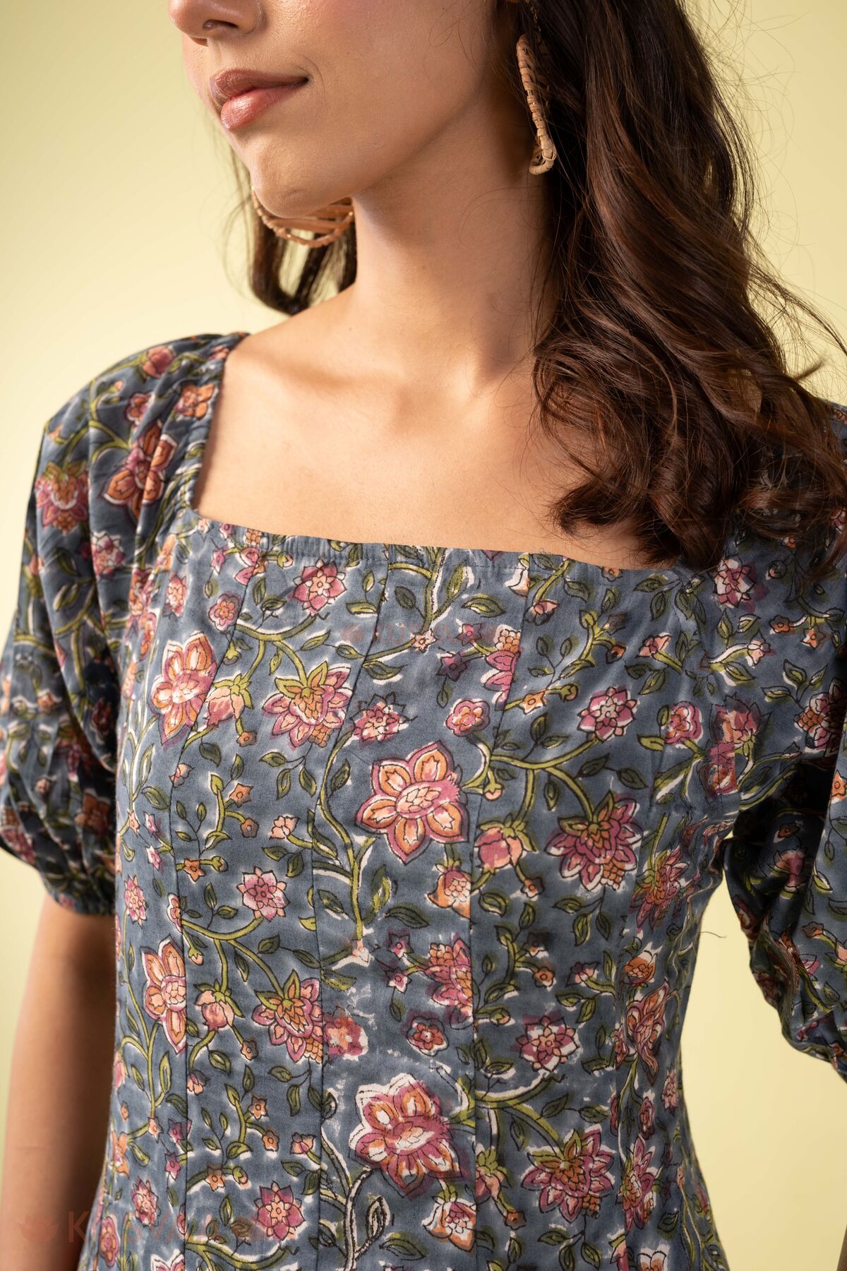 Image for Kusvaa Dr118 Kalindi Handblock Cotton Grey Dress Detailing