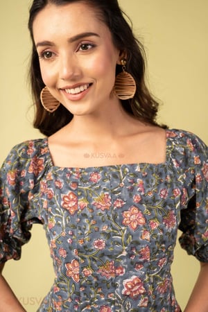 Image for Kusvaa Dr118 Kalindi Handblock Cotton Grey Dress Featured