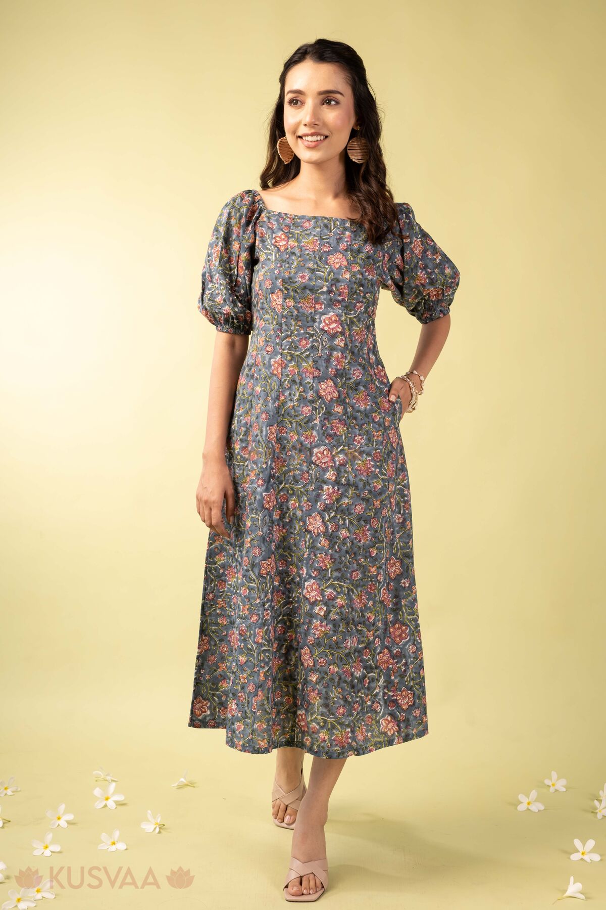 Image for Kusvaa Dr118 Kalindi Handblock Cotton Grey Dress Front