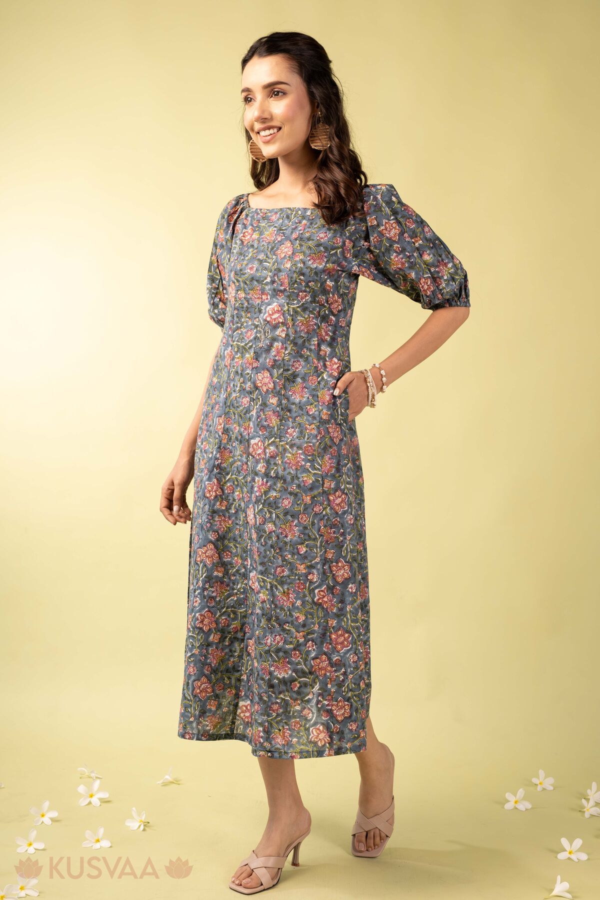 Image for Kusvaa Dr118 Kalindi Handblock Cotton Grey Dress Style