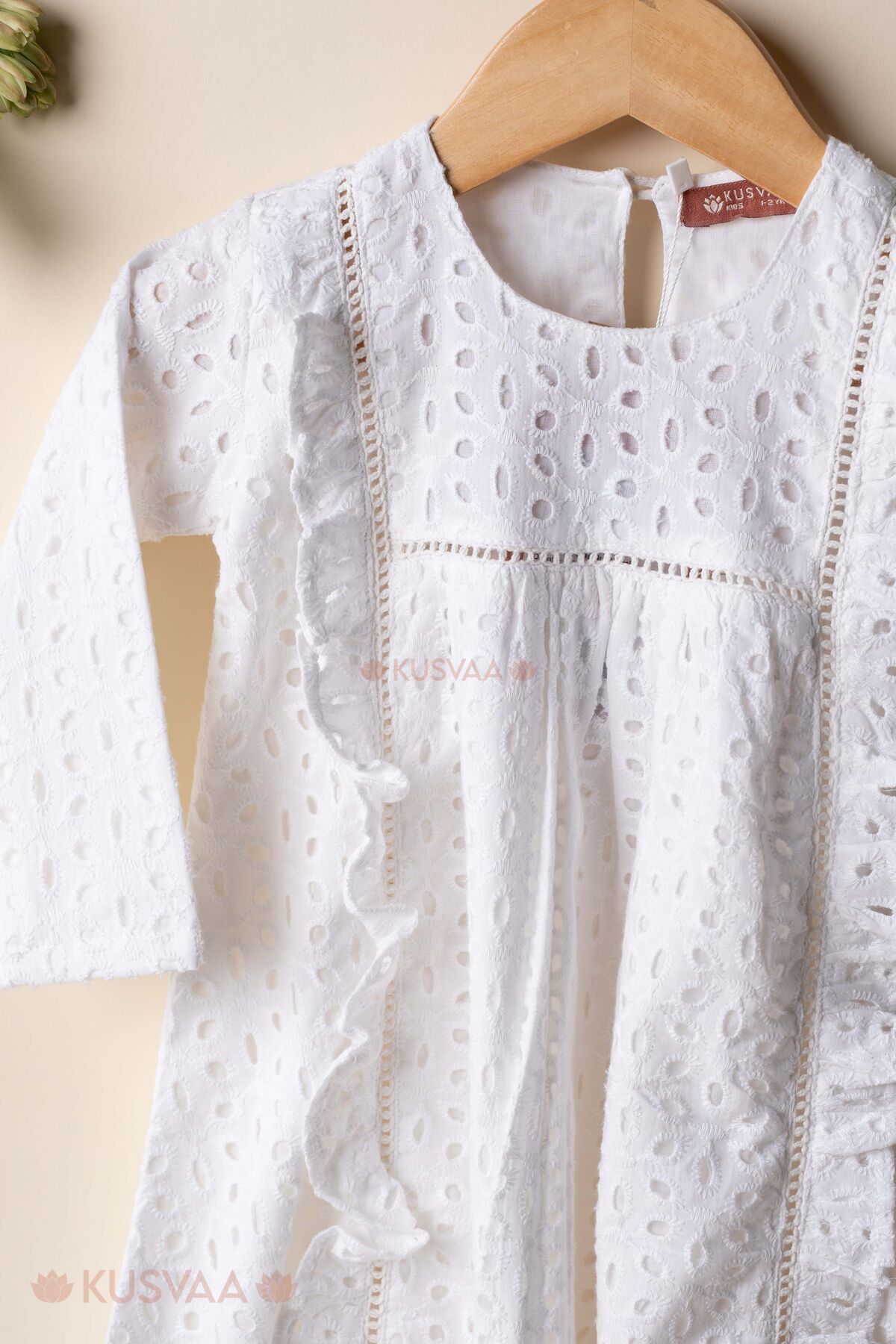 Image for Kusvaa Grw134 Kanika White Cotton Kids Schiffli Dress Front