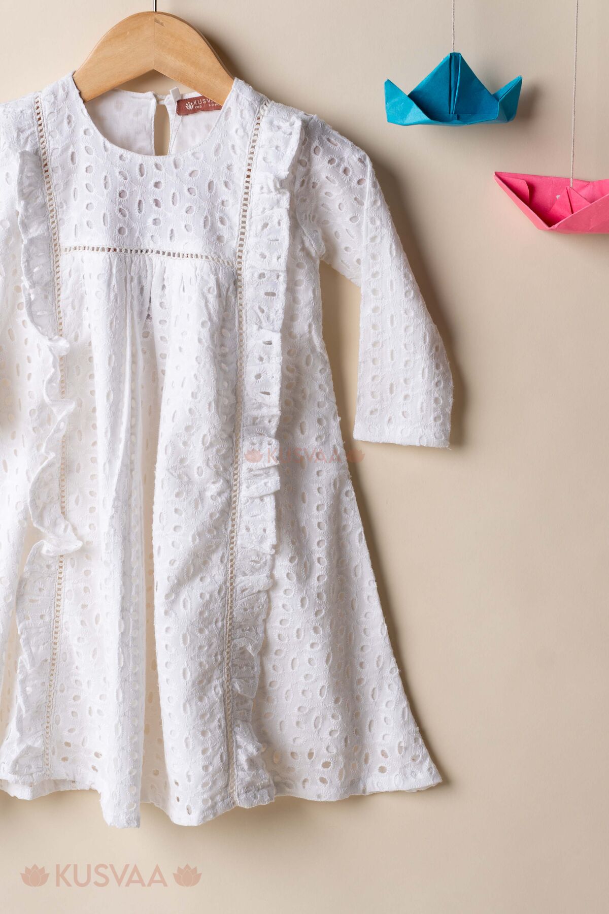 Image for Kusvaa Grw134 Kanika White Cotton Kids Schiffli Dress Front2