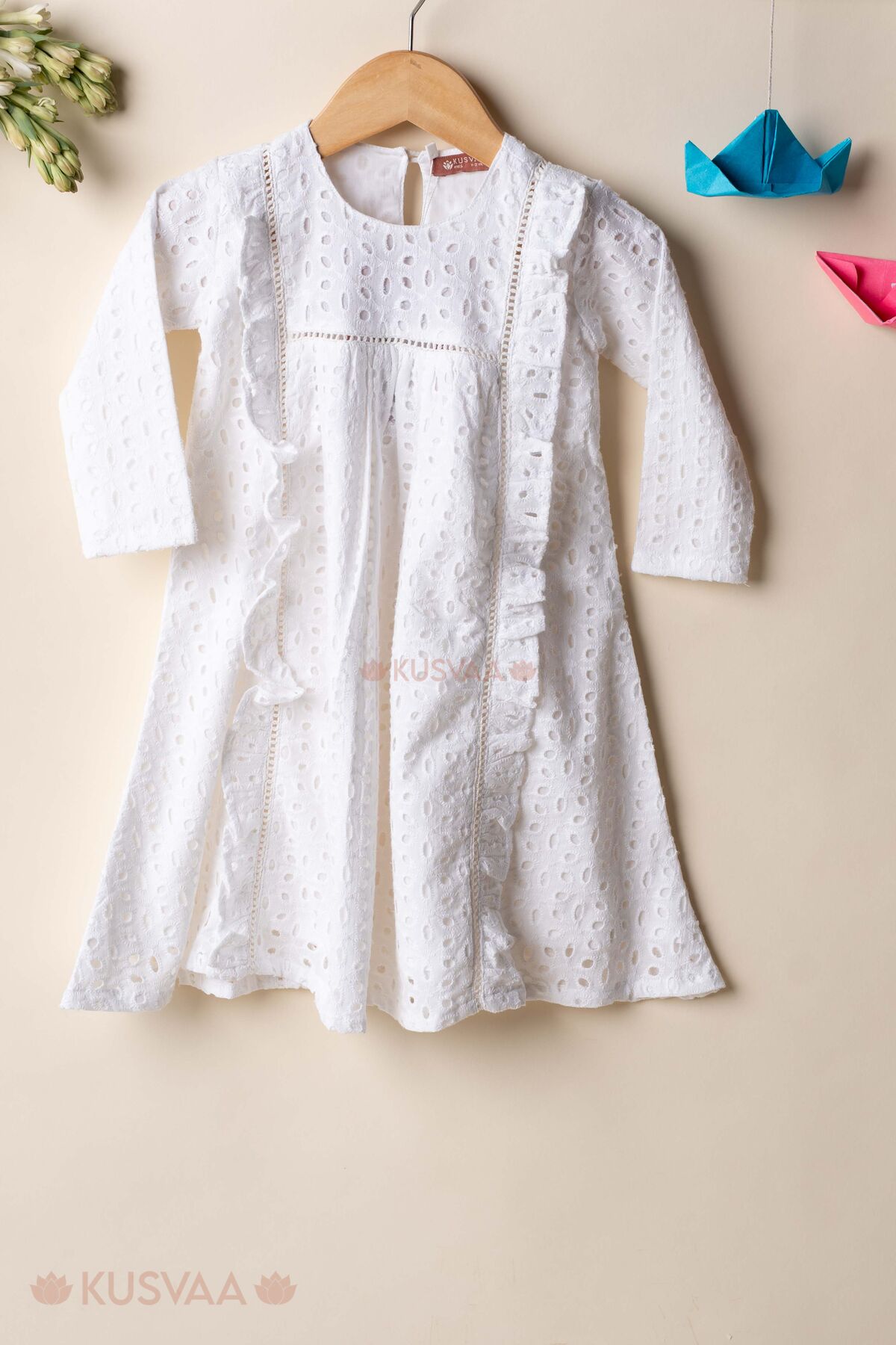 Image for Kusvaa Grw134 Kanika White Cotton Kids Schiffli Dress Front4