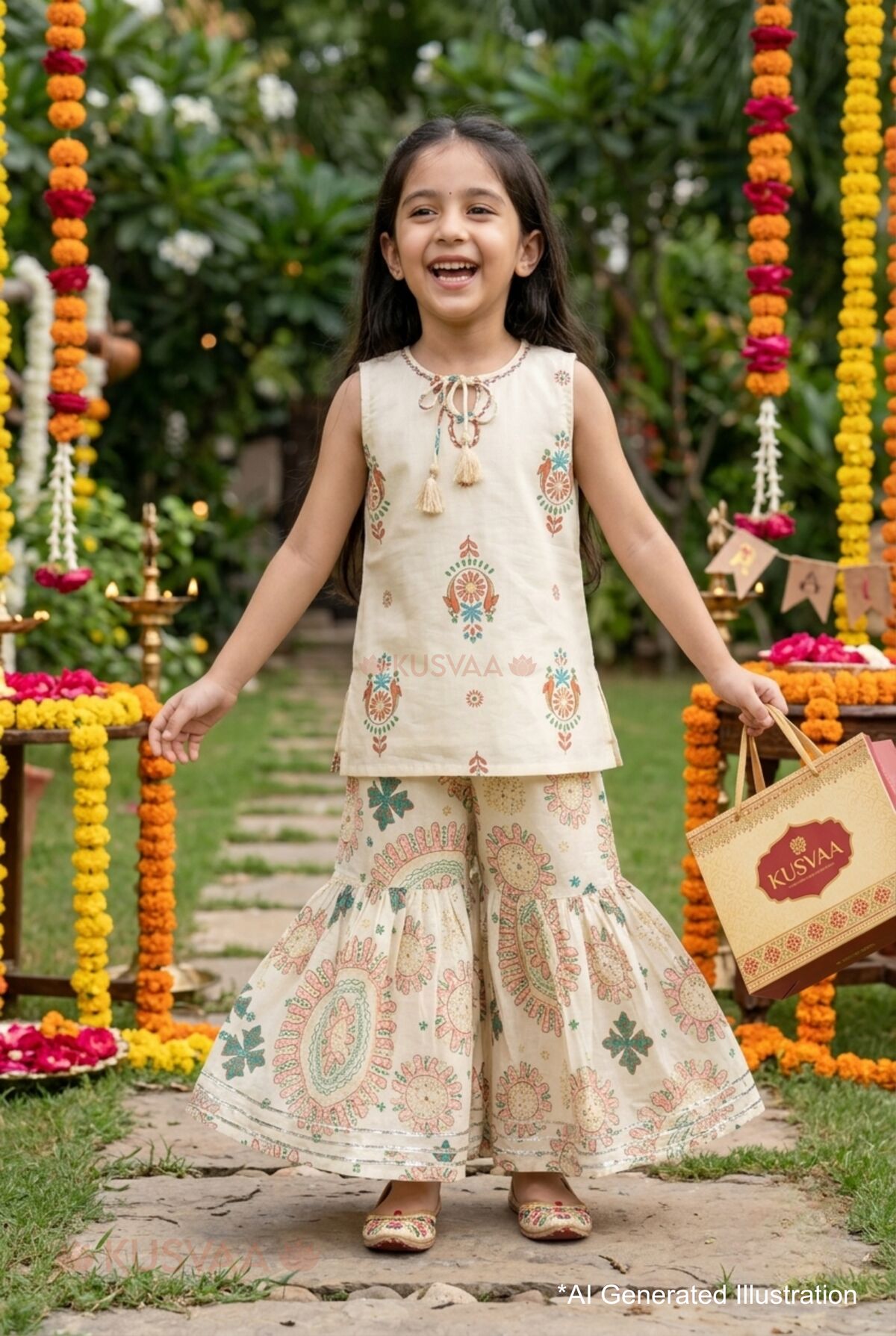 Image for Kusvaa Grw150 Tulika Cotton Kurta Sharara Dupatta Set Ai