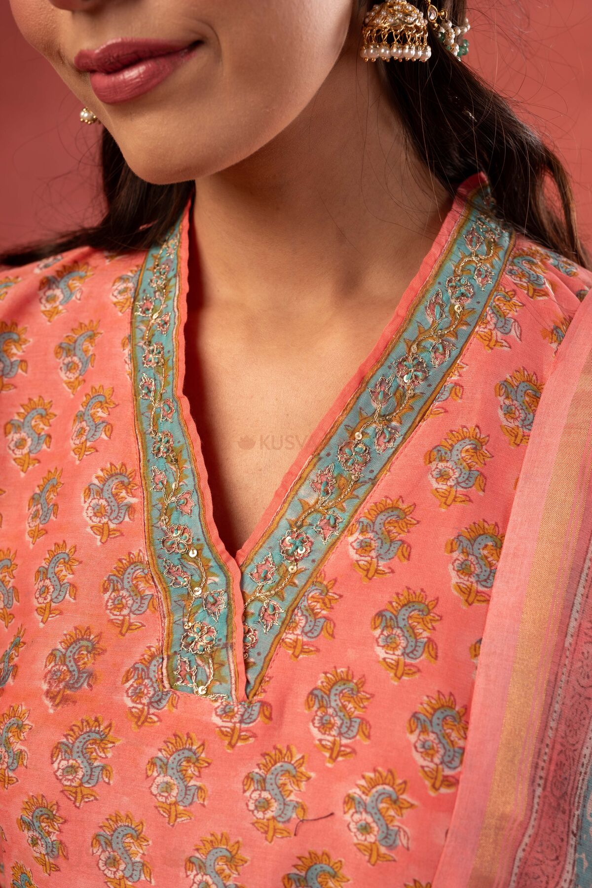 Image for Kusvaa Kds039 Charita Handblock Kurta Dupatta Set Nack