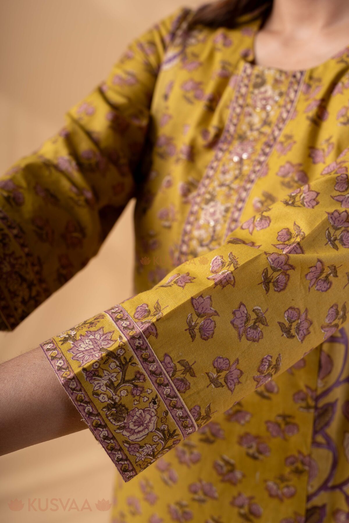 Image for Kusvaa Wkr329 Ira Handblock Cotton Kurta Sleeve
