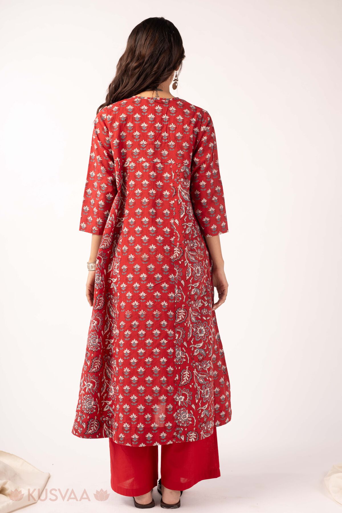Image for Kusvaa Wkr368 Jaina Handblock Kalidaar Cotton Red Kurta Back
