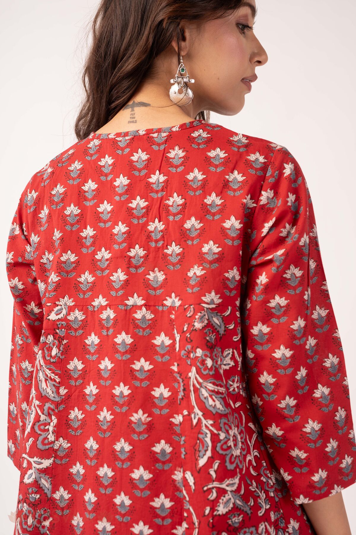 Image for Kusvaa Wkr368 Jaina Handblock Kalidaar Cotton Red Kurta Detailing