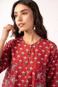 Image for Kusvaa Wkr368 Jaina Handblock Kalidaar Cotton Red Kurta Featured