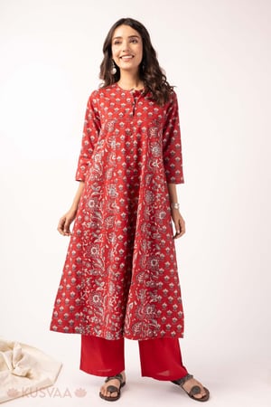 Image for Kusvaa Wkr368 Jaina Handblock Kalidaar Cotton Red Kurta Front