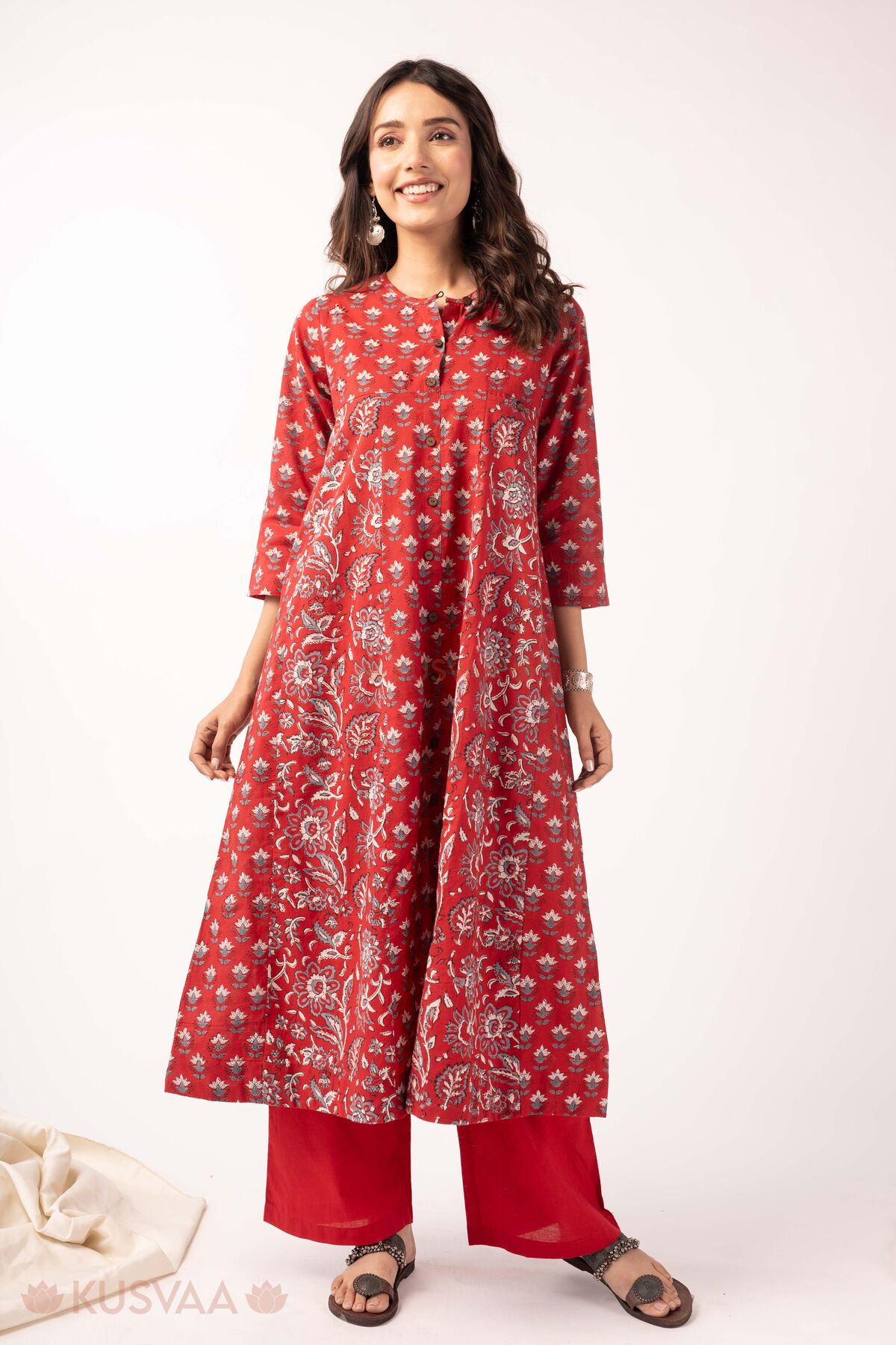 Image for Kusvaa Wkr368 Jaina Handblock Kalidaar Cotton Red Kurta Front