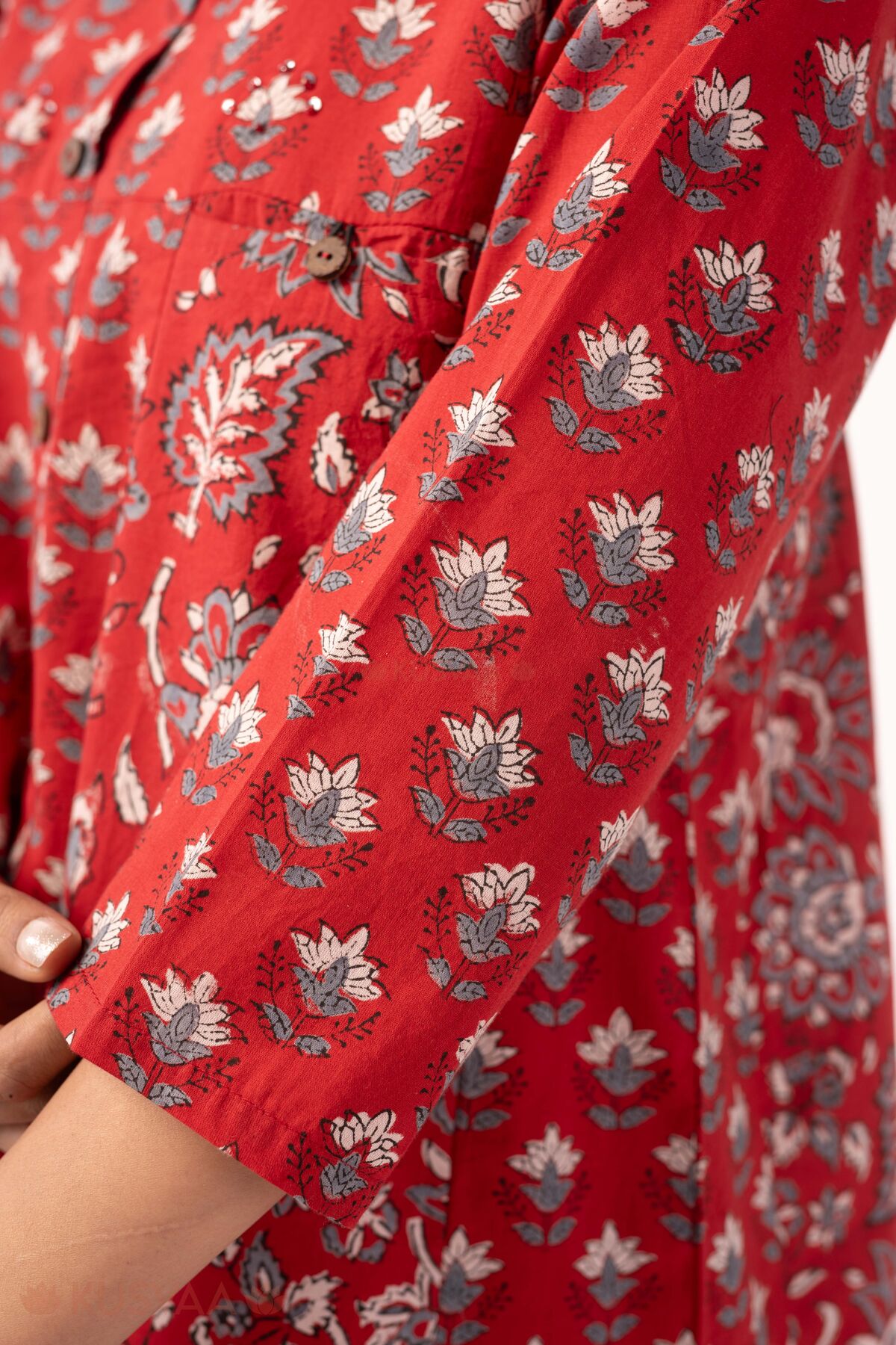 Image for Kusvaa Wkr368 Jaina Handblock Kalidaar Cotton Red Kurta Sleeve