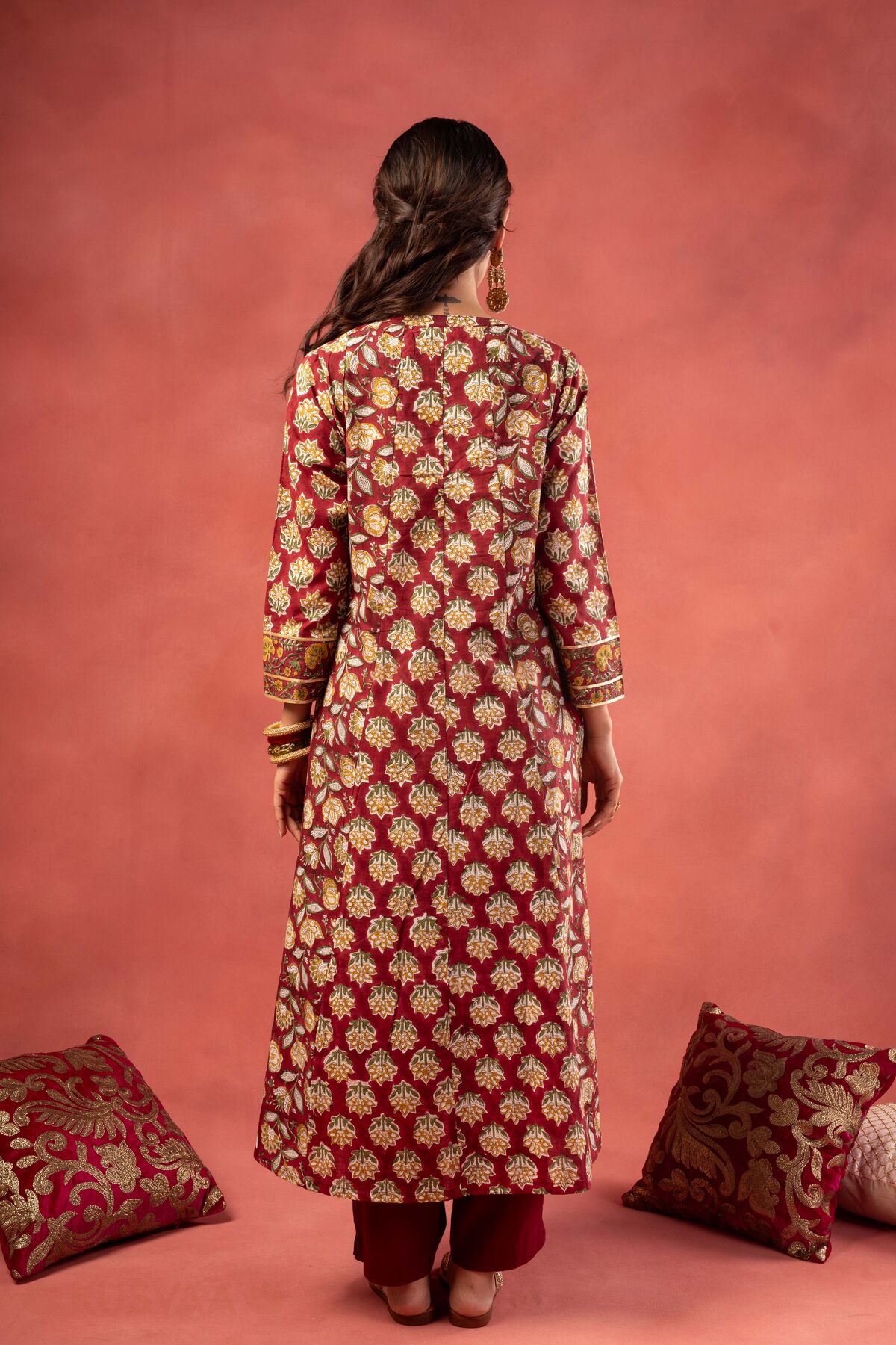 Image for Kusvaa Wkr371 Bhadra Handblock Cotton A Line Kurta Back
