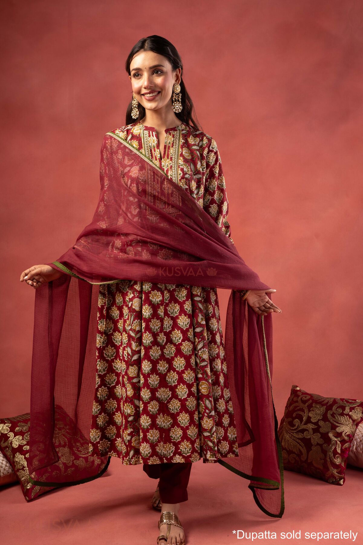Image for Kusvaa Wkr371 Bhadra Handblock Cotton A Line Kurta Dupatta