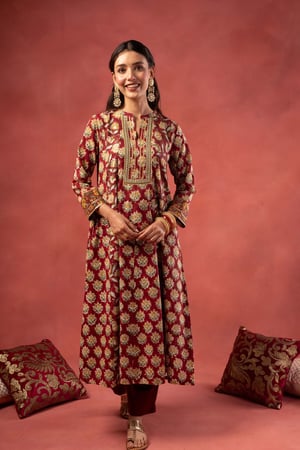 Image for Kusvaa Wkr371 Bhadra Handblock Cotton A Line Kurta Front